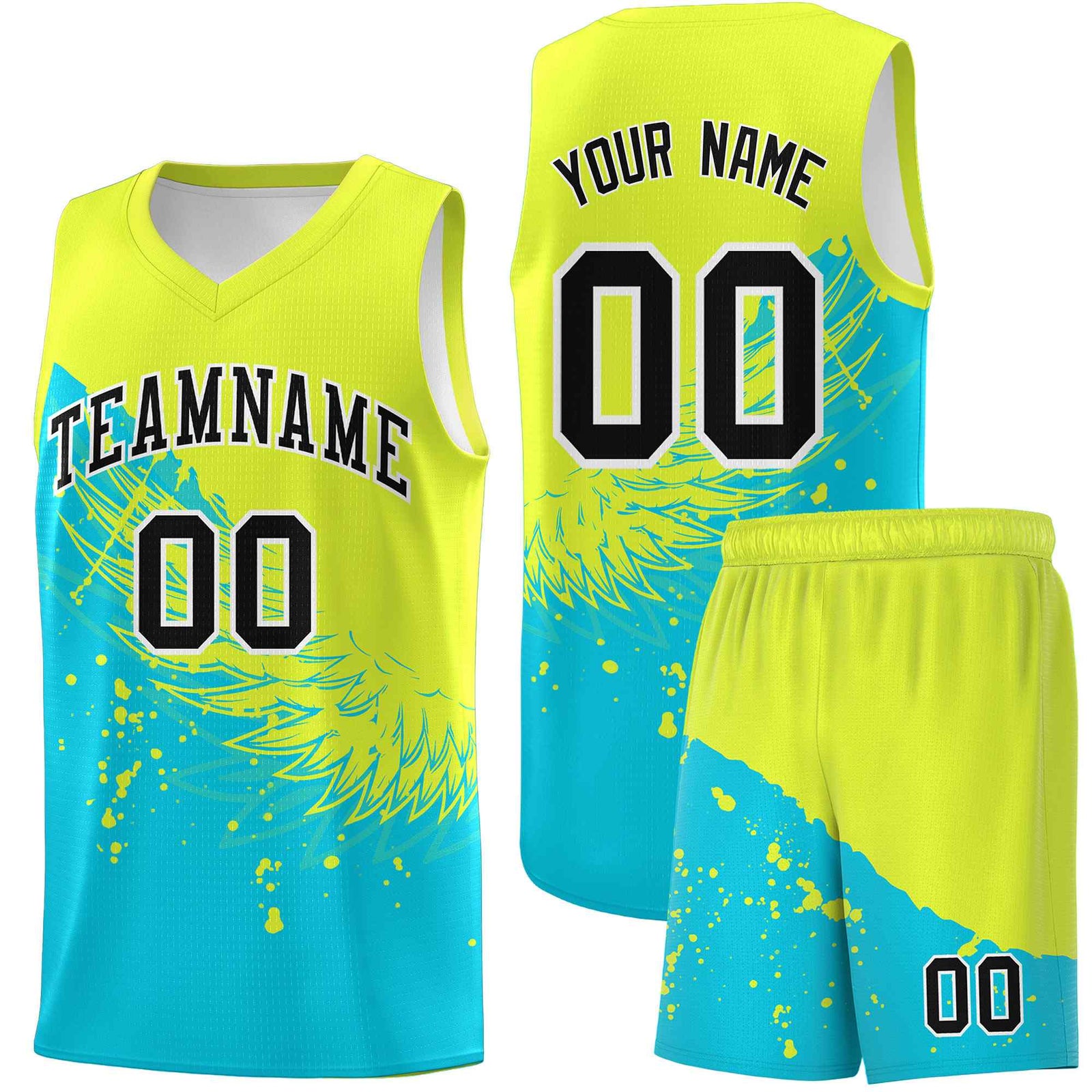 Custom Sky Blue Fluorescent Green Wing Pattern Sports Uniform Basketball Jersey