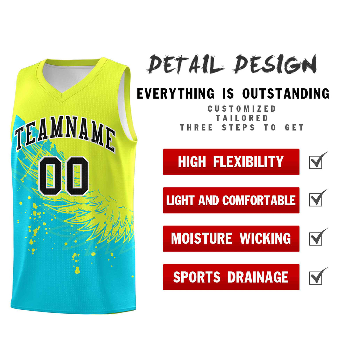 Custom Sky Blue Fluorescent Green Wing Pattern Sports Uniform Basketball Jersey