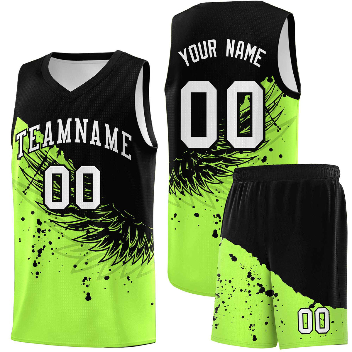 Custom Fluorescent Green Black Wing Pattern Sports Uniform Basketball Jersey