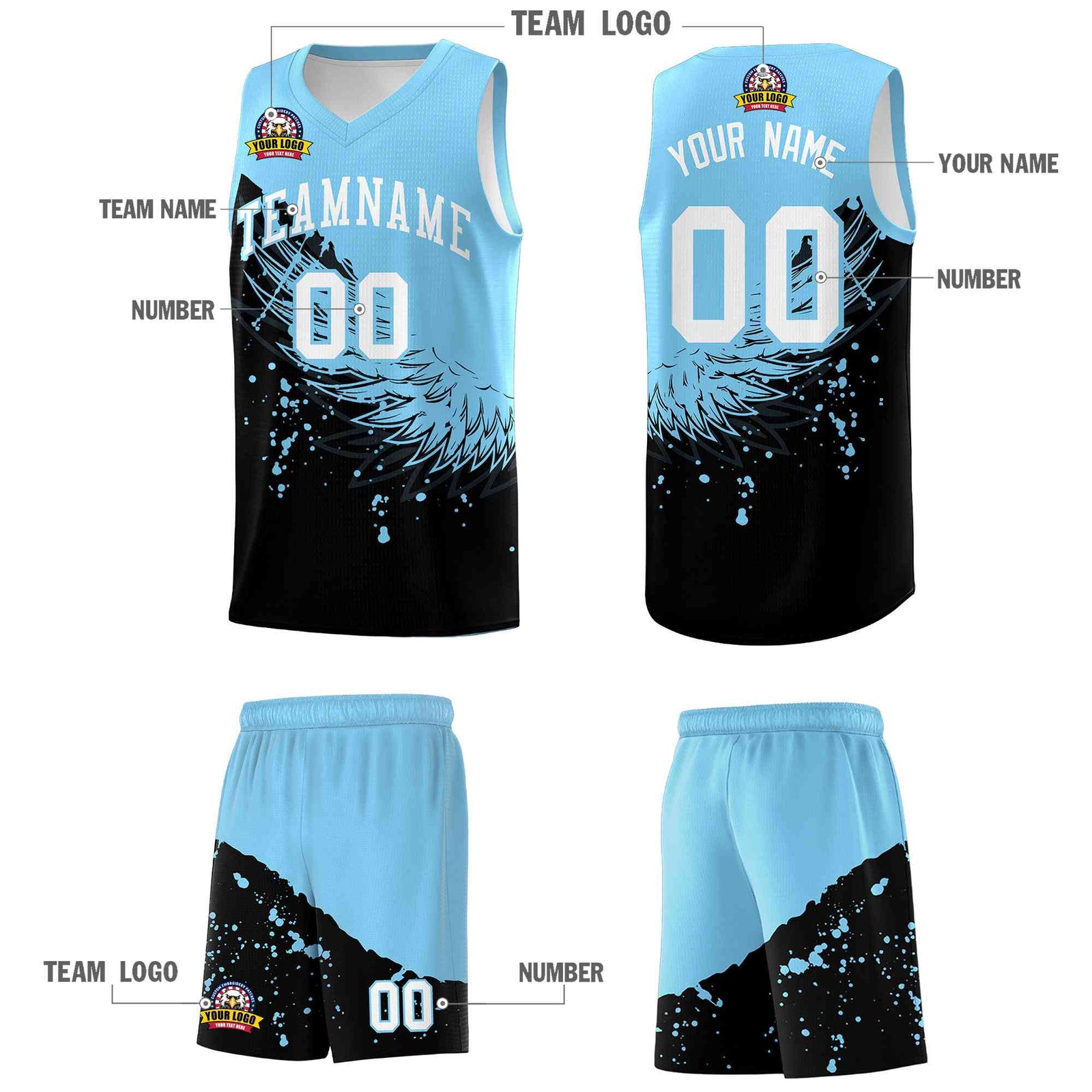 Custom Black Light Blue Wing Pattern Sports Uniform Basketball Jersey