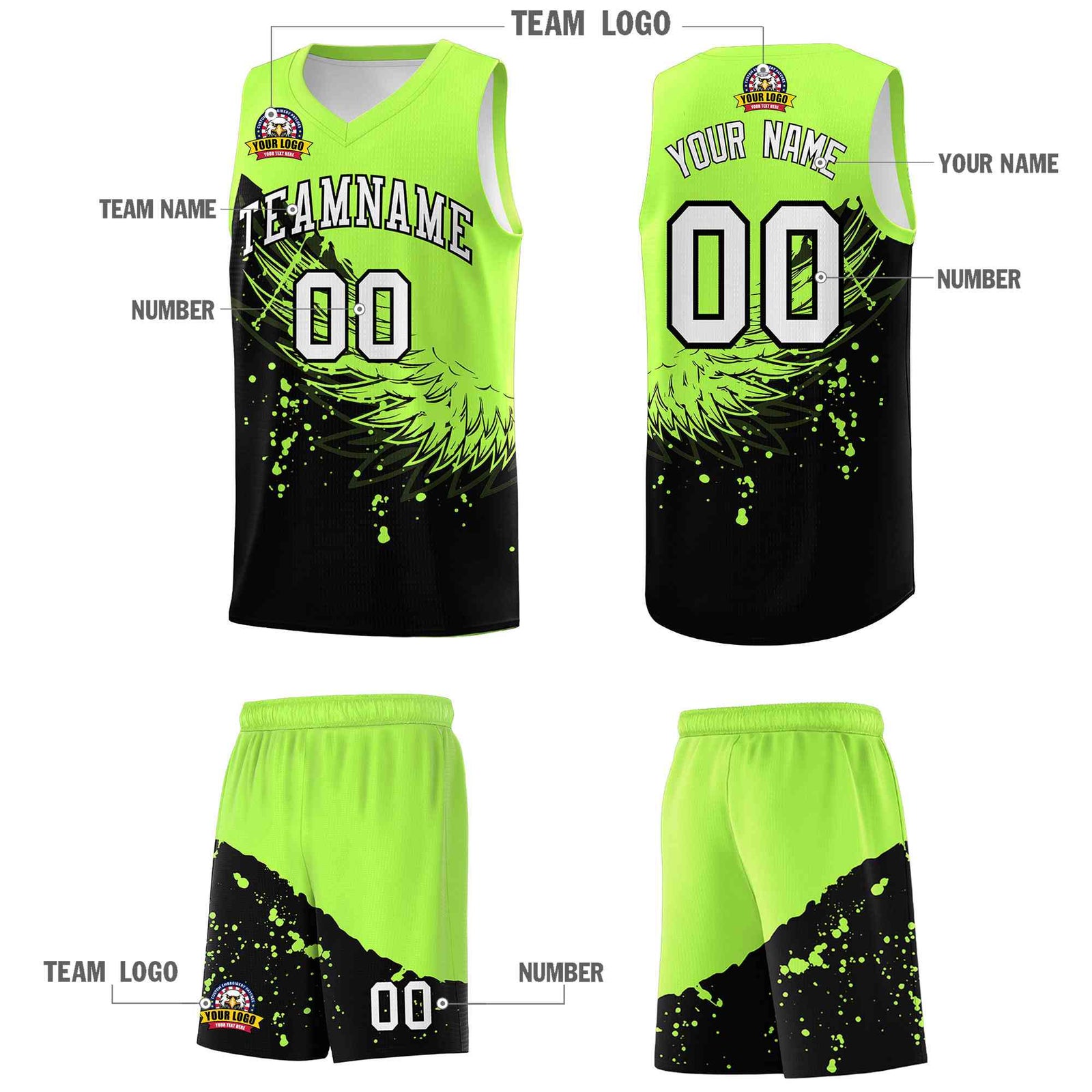 Custom Black Fluorescent Green Wing Pattern Sports Uniform Basketball Jersey