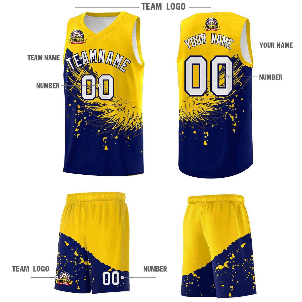 Custom Navy Gold Wing Pattern Sports Uniform Basketball Jersey