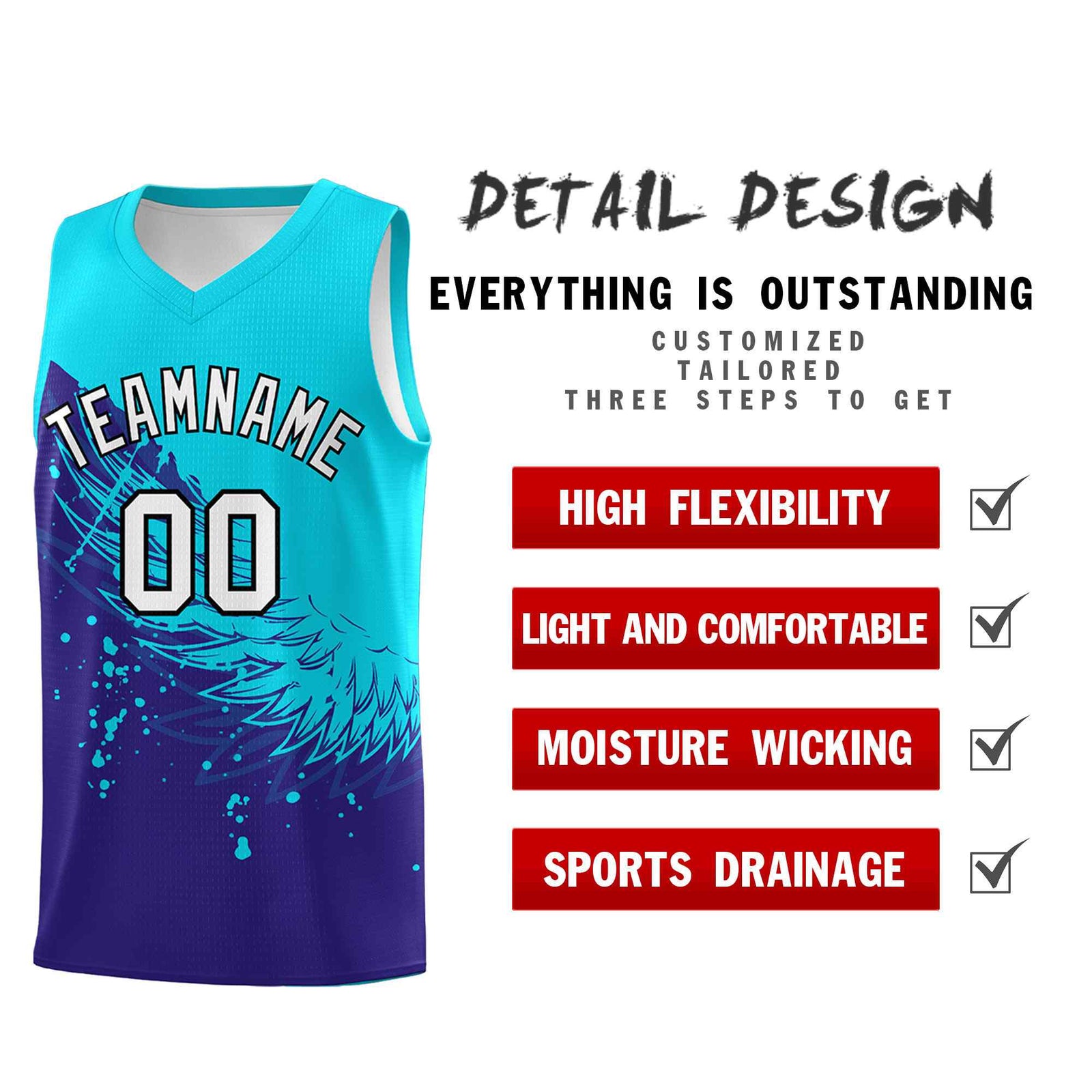 Custom Royal Sky Blue Wing Pattern Sports Uniform Basketball Jersey