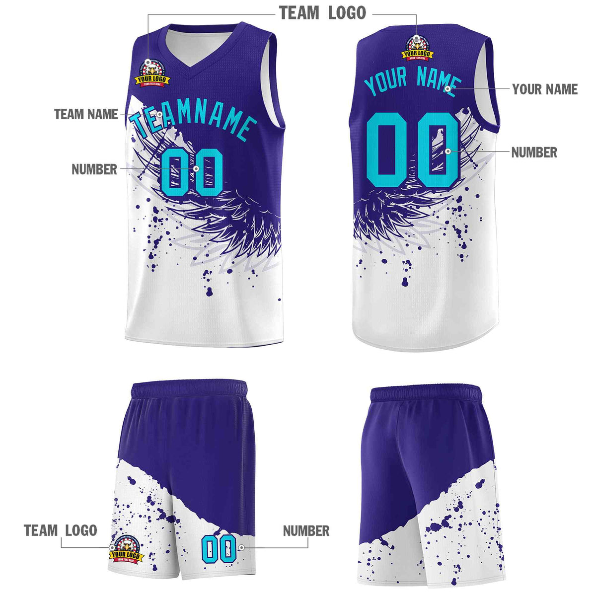 Custom White Royal Wing Pattern Sports Uniform Basketball Jersey