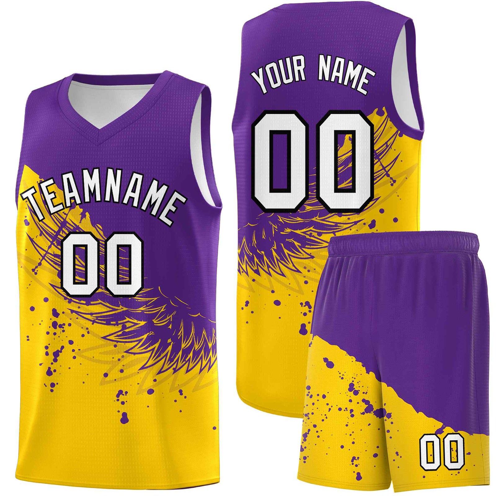 Custom Gold Purple Wing Pattern Sports Uniform Basketball Jersey