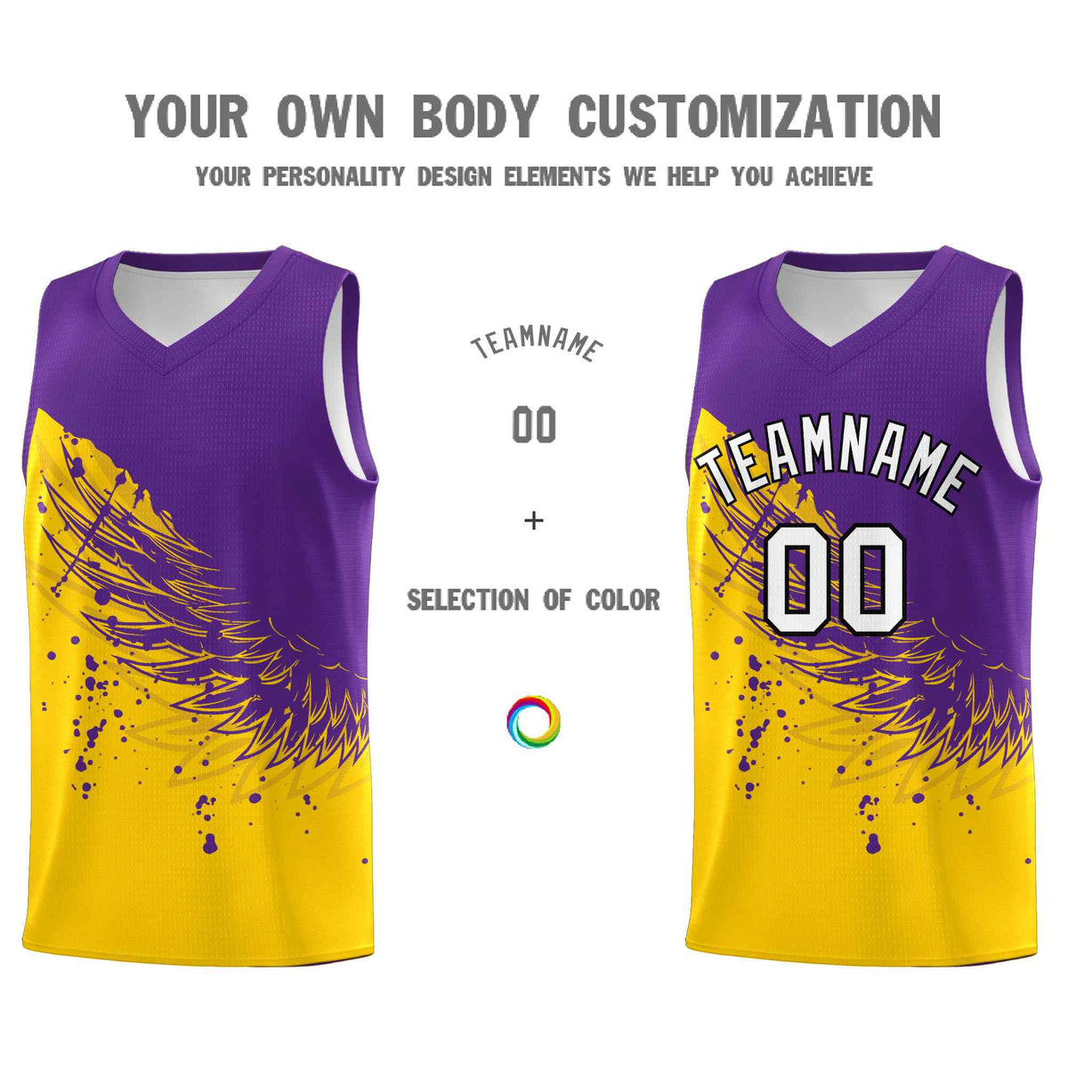 Custom Gold Purple Wing Pattern Sports Uniform Basketball Jersey