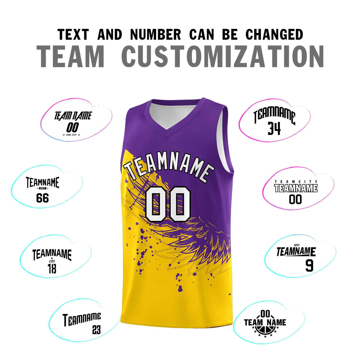 Custom Gold Purple Wing Pattern Sports Uniform Basketball Jersey