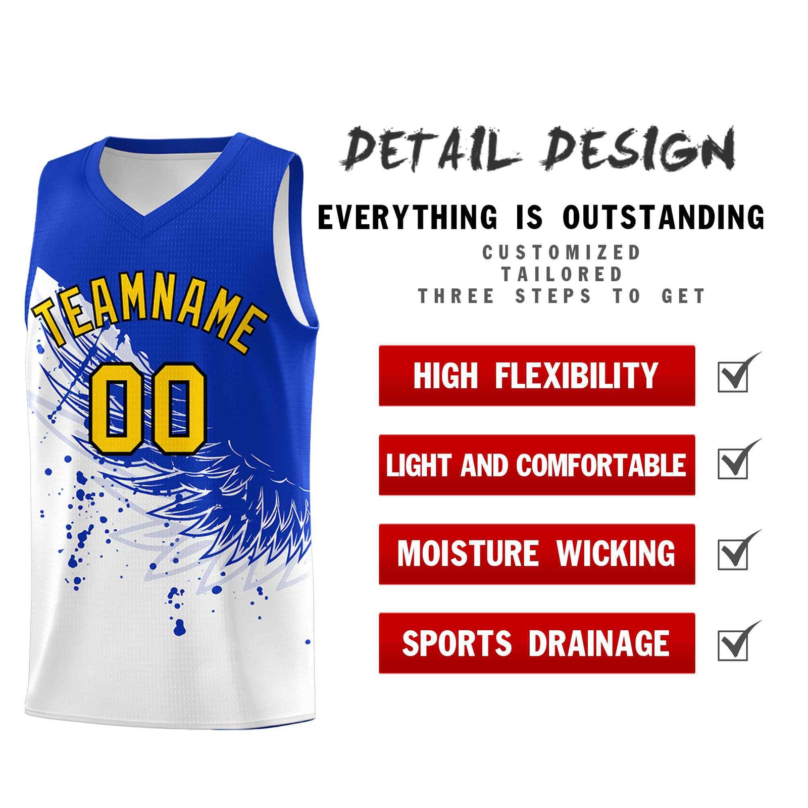 Custom White Royal Wing Pattern Sports Uniform Basketball Jersey