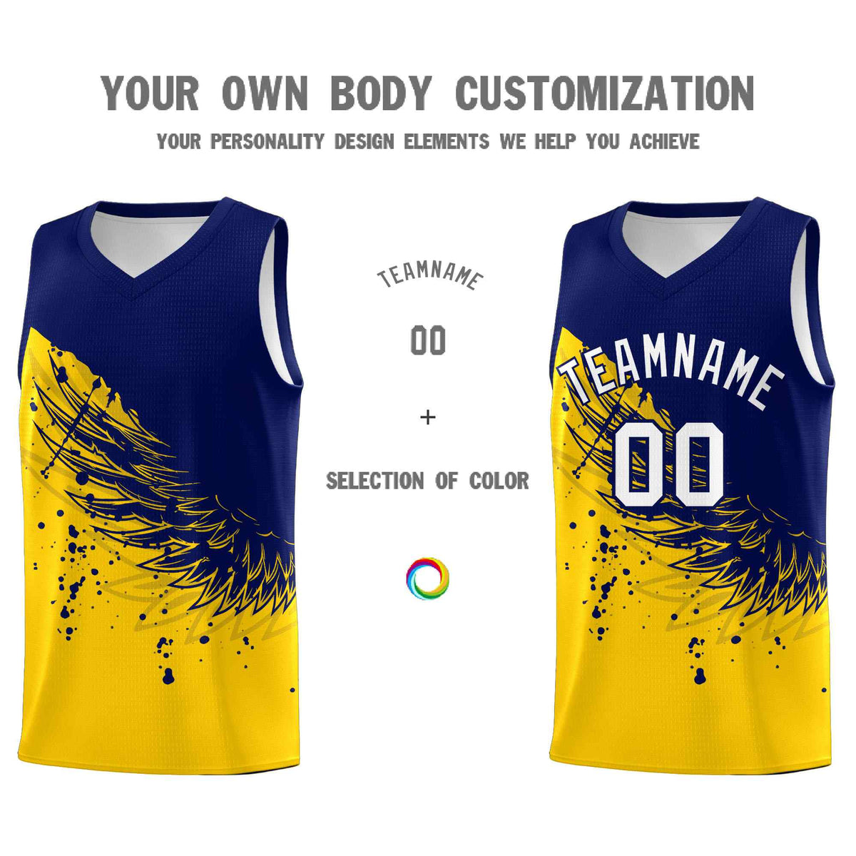 Custom Gold Navy Wing Pattern Sports Uniform Basketball Jersey