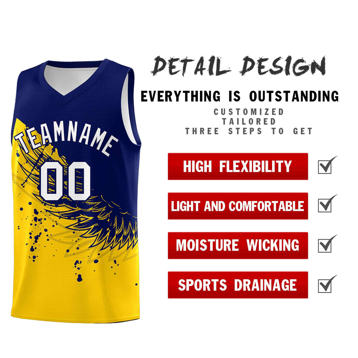 Custom Gold Navy Wing Pattern Sports Uniform Basketball Jersey