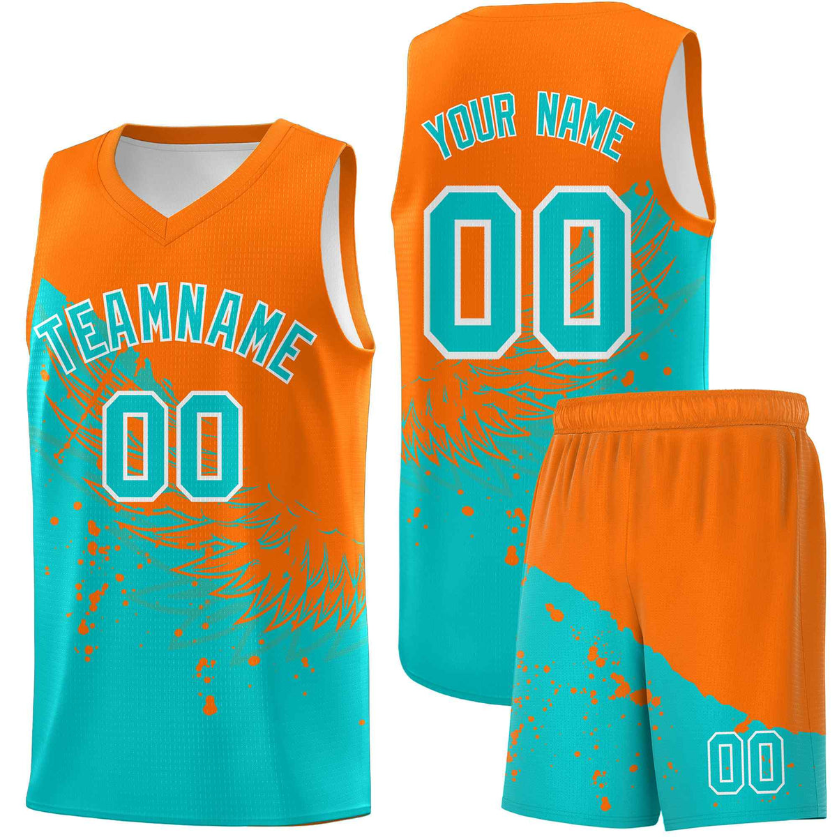 Custom Aqua Orange Wing Pattern Sports Uniform Basketball Jersey