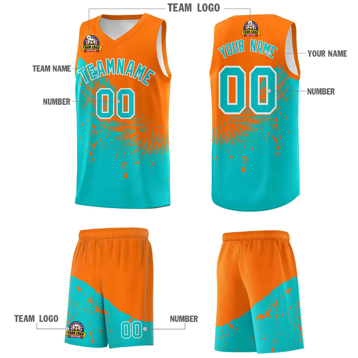 Custom Aqua Orange Wing Pattern Sports Uniform Basketball Jersey