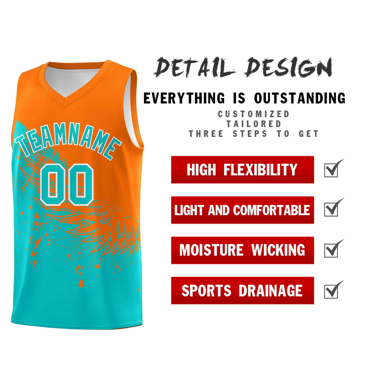 Custom Aqua Orange Wing Pattern Sports Uniform Basketball Jersey