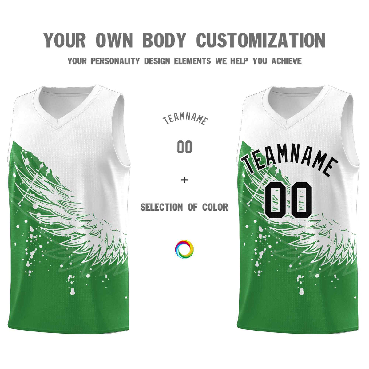 Custom Kelly Green White Wing Pattern Sports Uniform Basketball Jersey