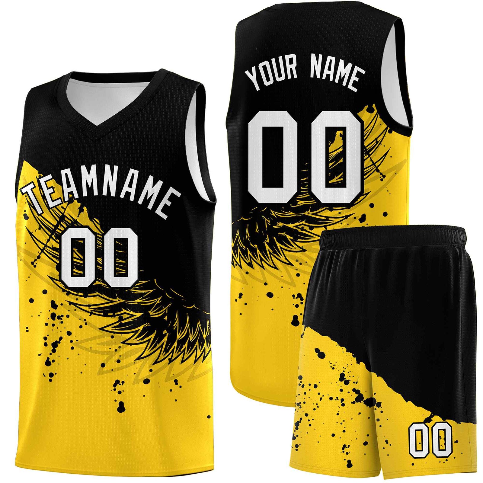 Custom Gold Black Wing Pattern Sports Uniform Basketball Jersey