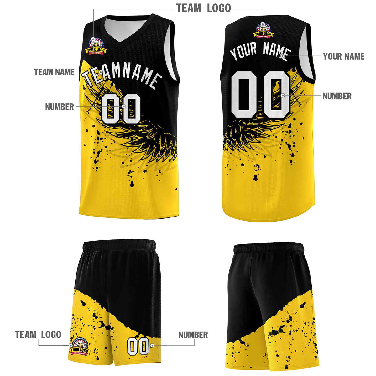 Custom Gold Black Wing Pattern Sports Uniform Basketball Jersey
