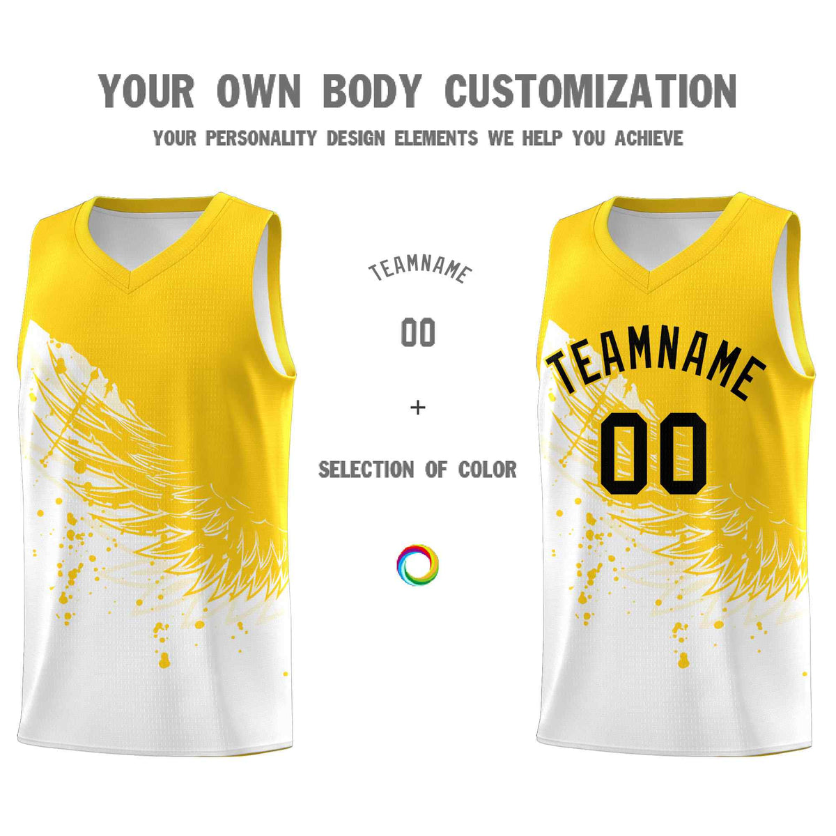 Custom White Gold Wing Pattern Sports Uniform Basketball Jersey
