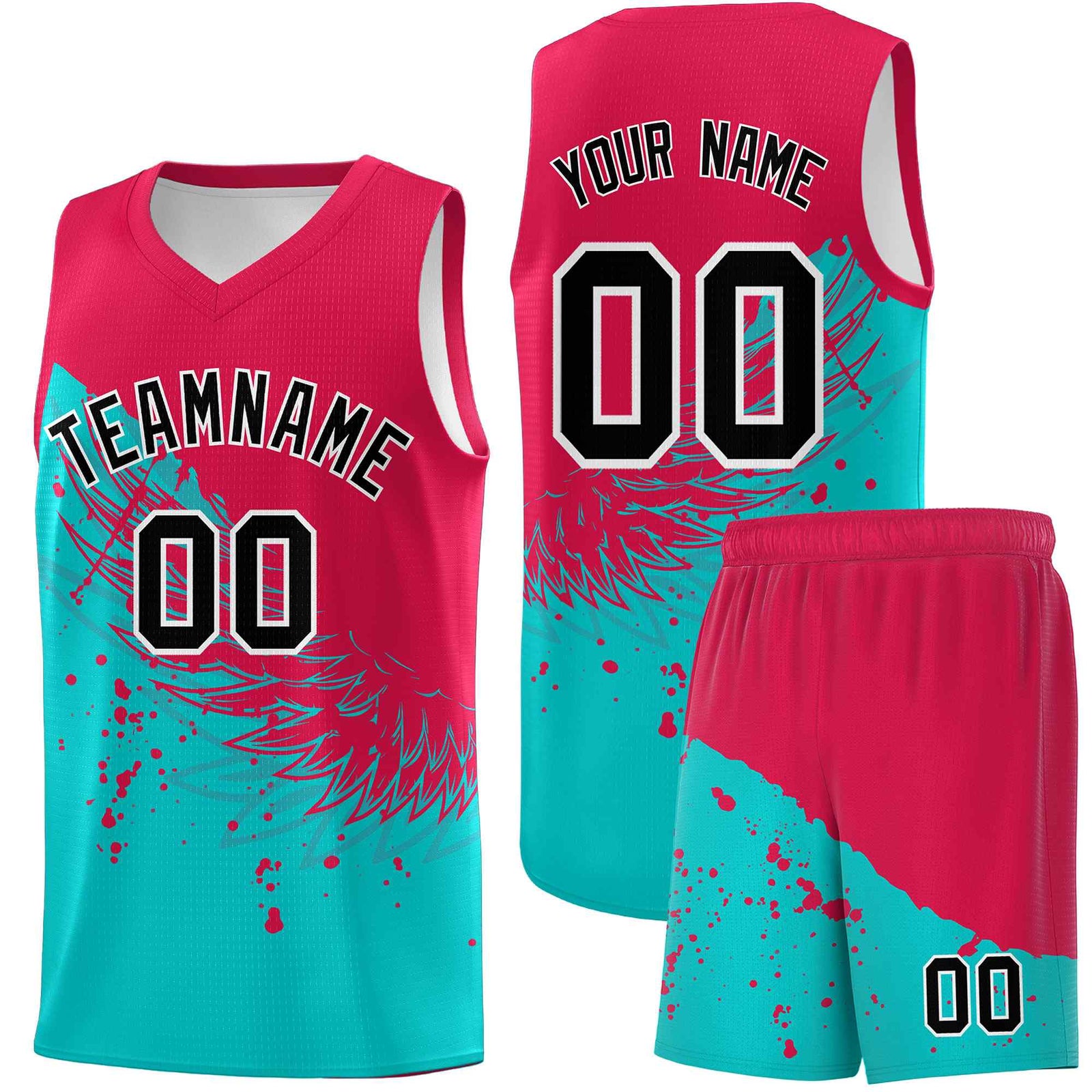 Custom Aqua Red Wing Pattern Sports Uniform Basketball Jersey