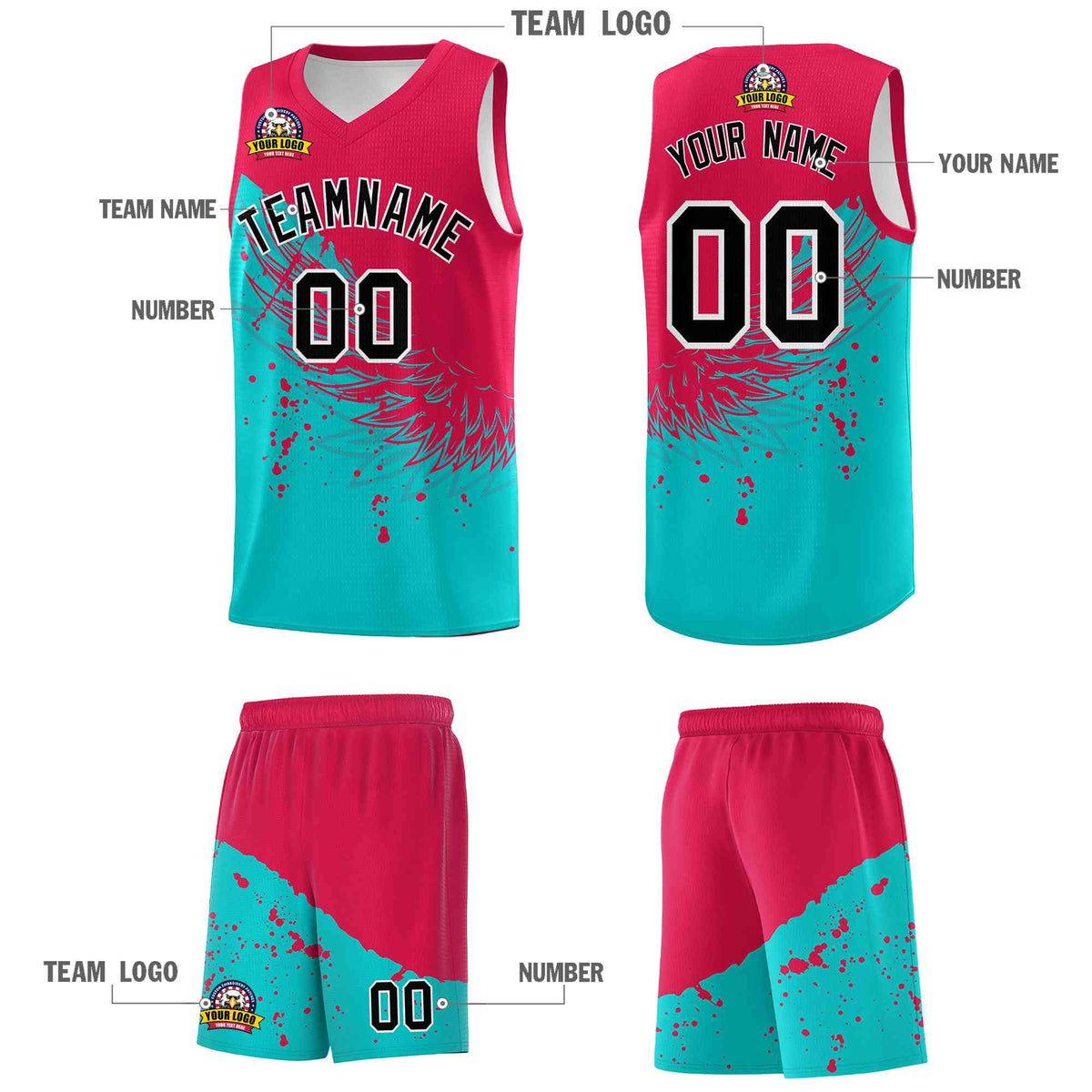 Custom Aqua Red Wing Pattern Sports Uniform Basketball Jersey