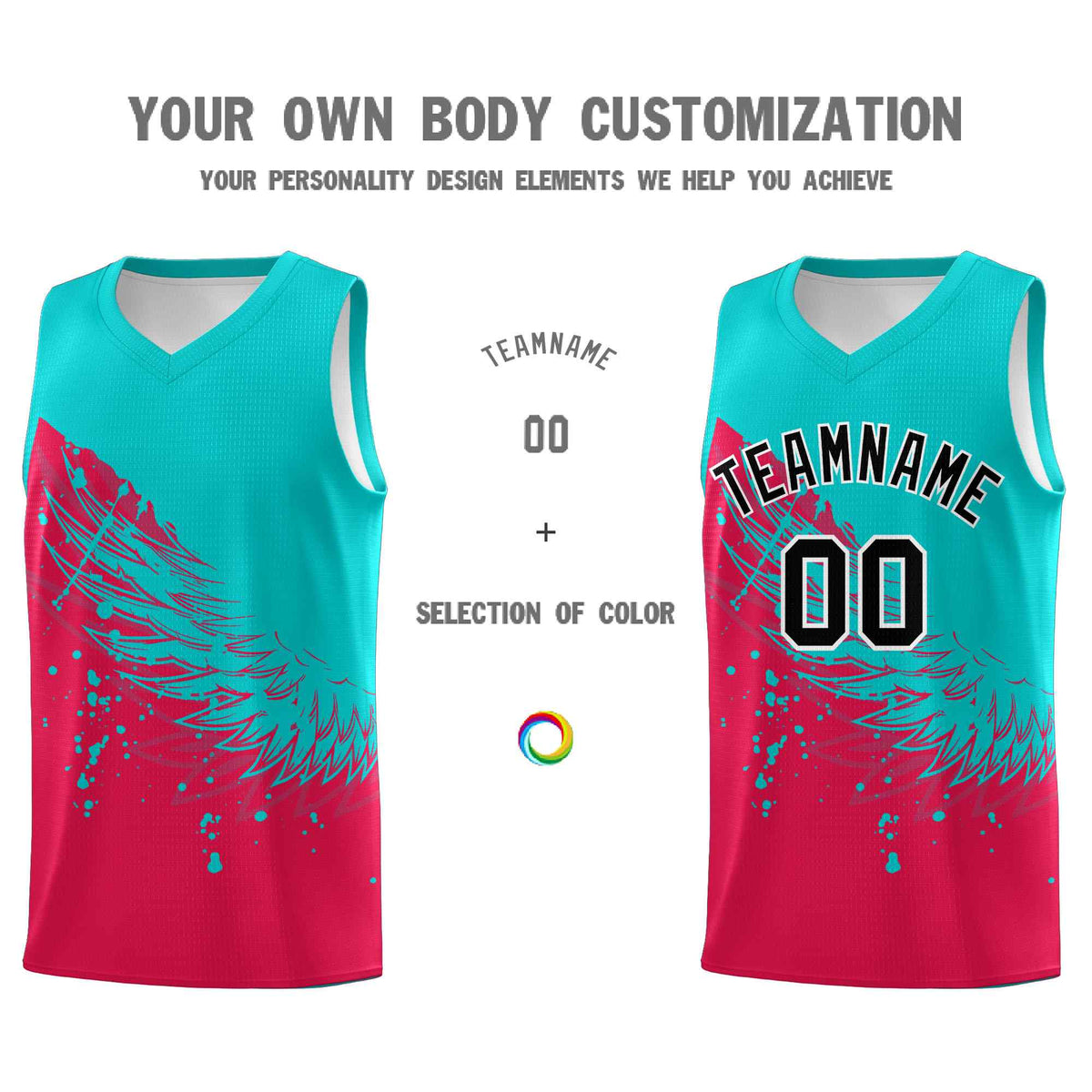 Custom Red Aqua Wing Pattern Sports Uniform Basketball Jersey