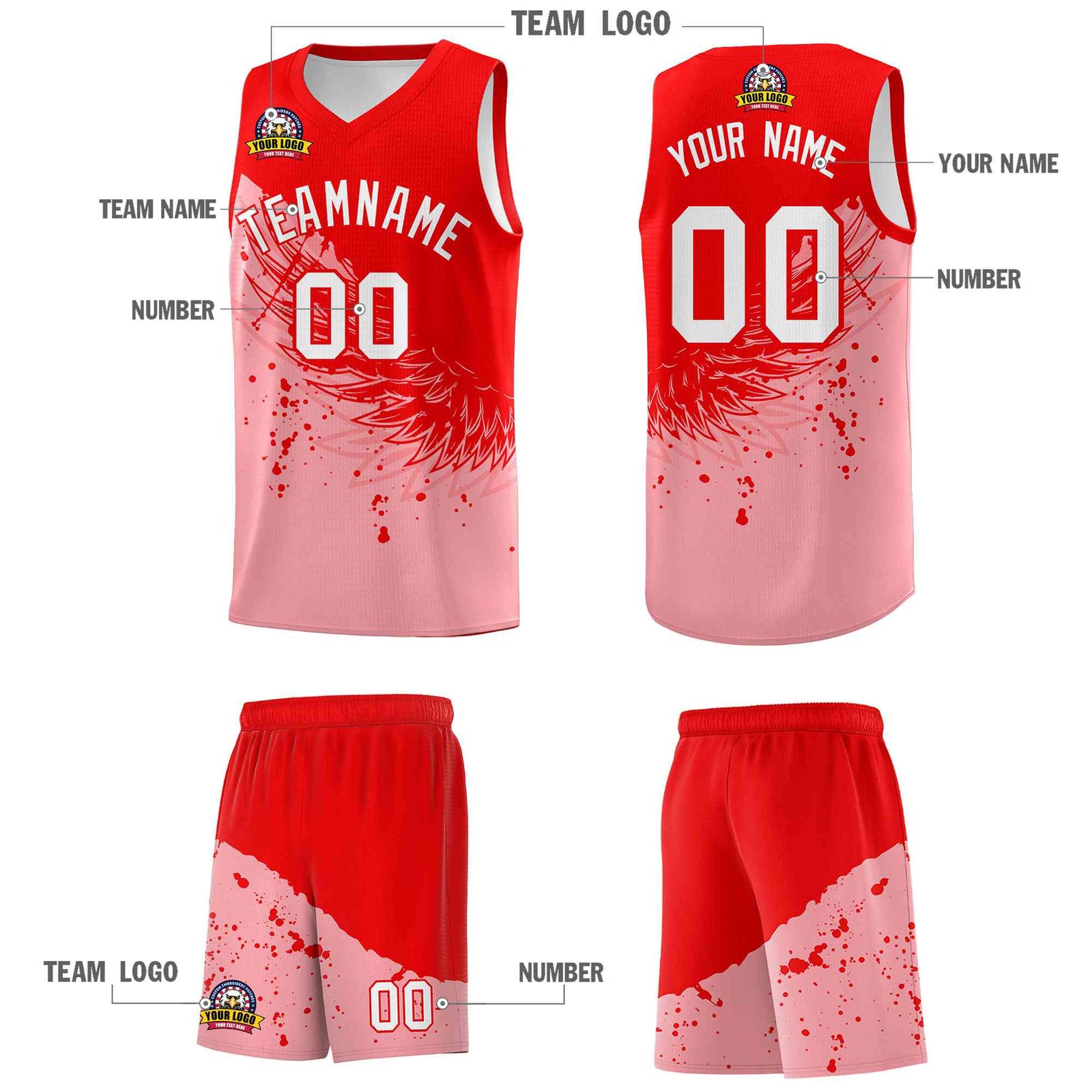 Custom Light Pink Light Red Wing Pattern Sports Uniform Basketball Jersey