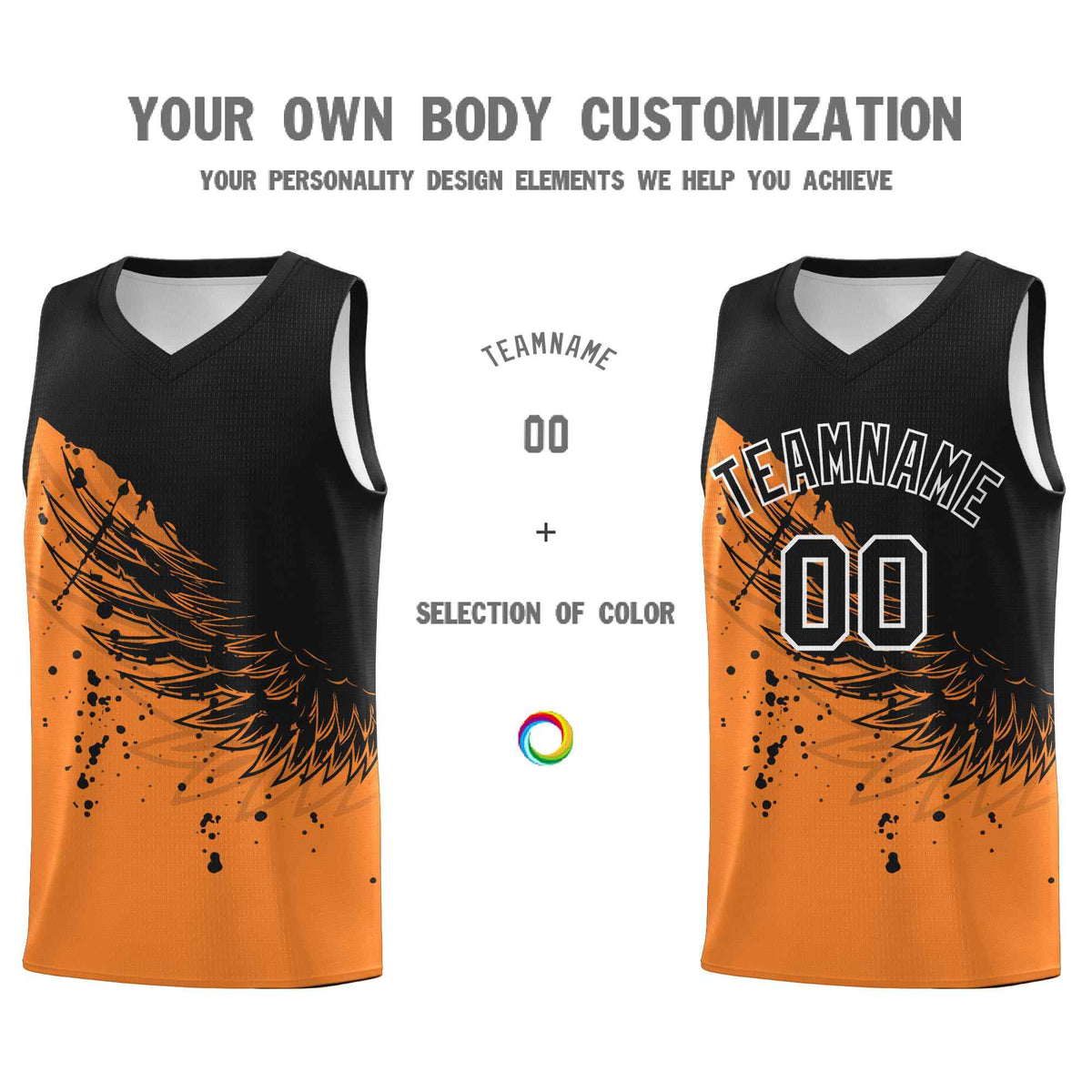 Custom Gold Orange Black Wing Pattern Sports Uniform Basketball Jersey
