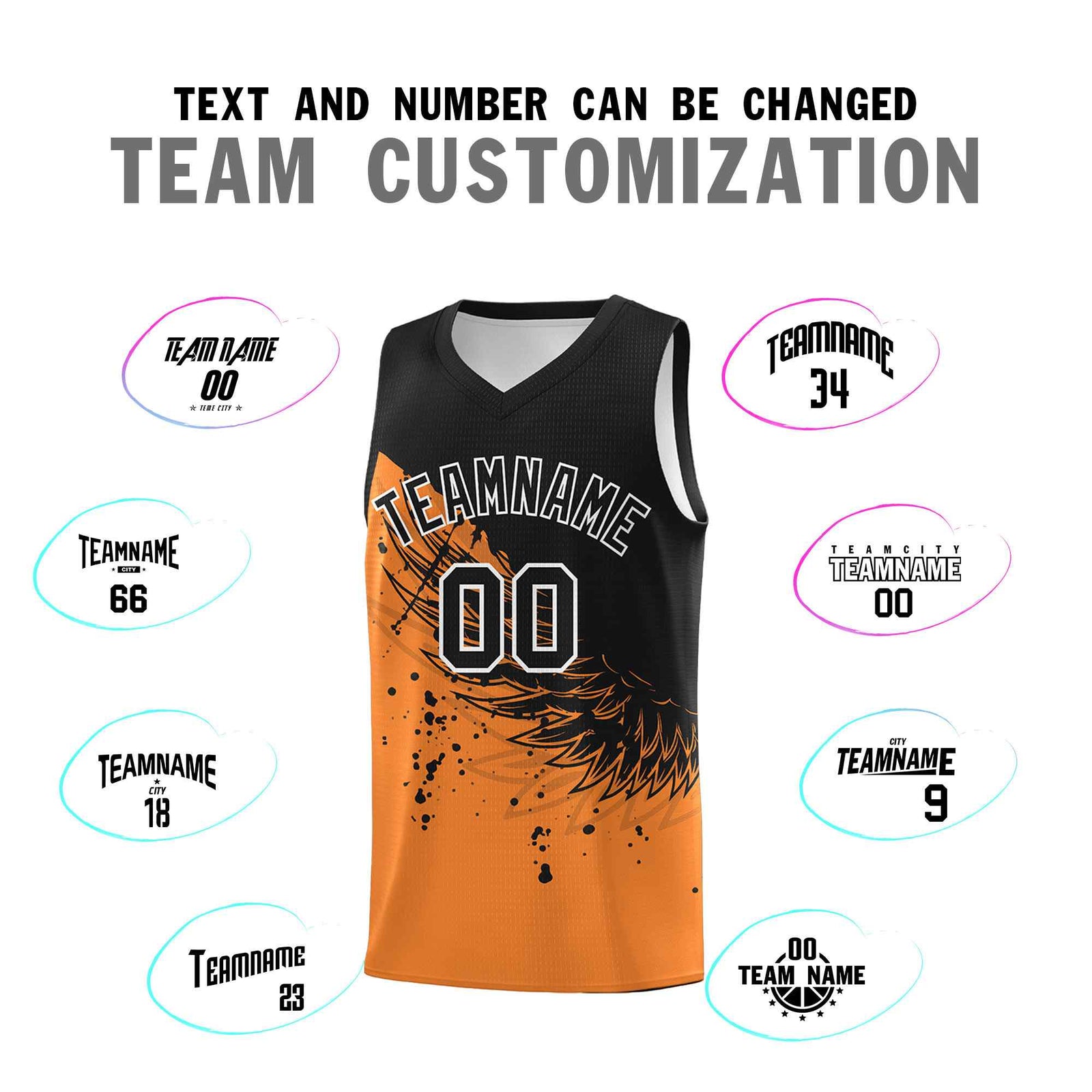 Custom Gold Orange Black Wing Pattern Sports Uniform Basketball Jersey