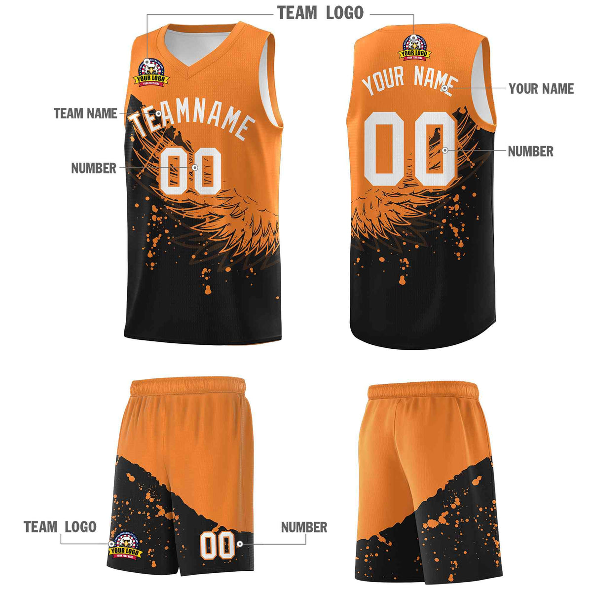 Custom Black Gold Orange Wing Pattern Sports Uniform Basketball Jersey