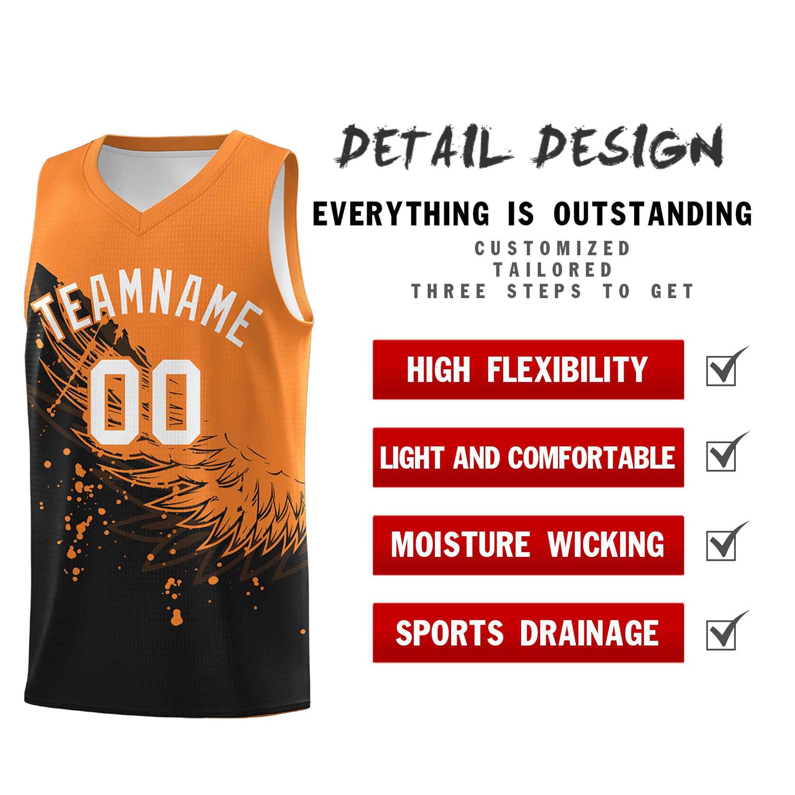 Custom Black Gold Orange Wing Pattern Sports Uniform Basketball Jersey