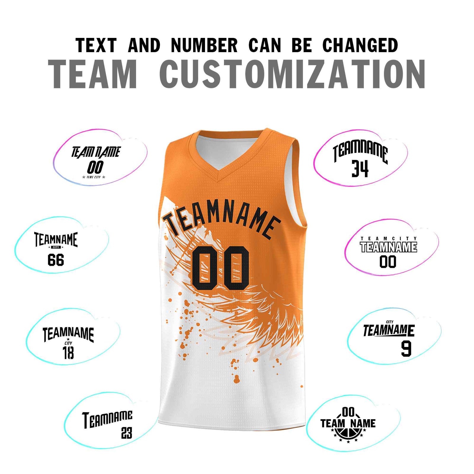 Custom White Gold Orange Wing Pattern Sports Uniform Basketball Jersey