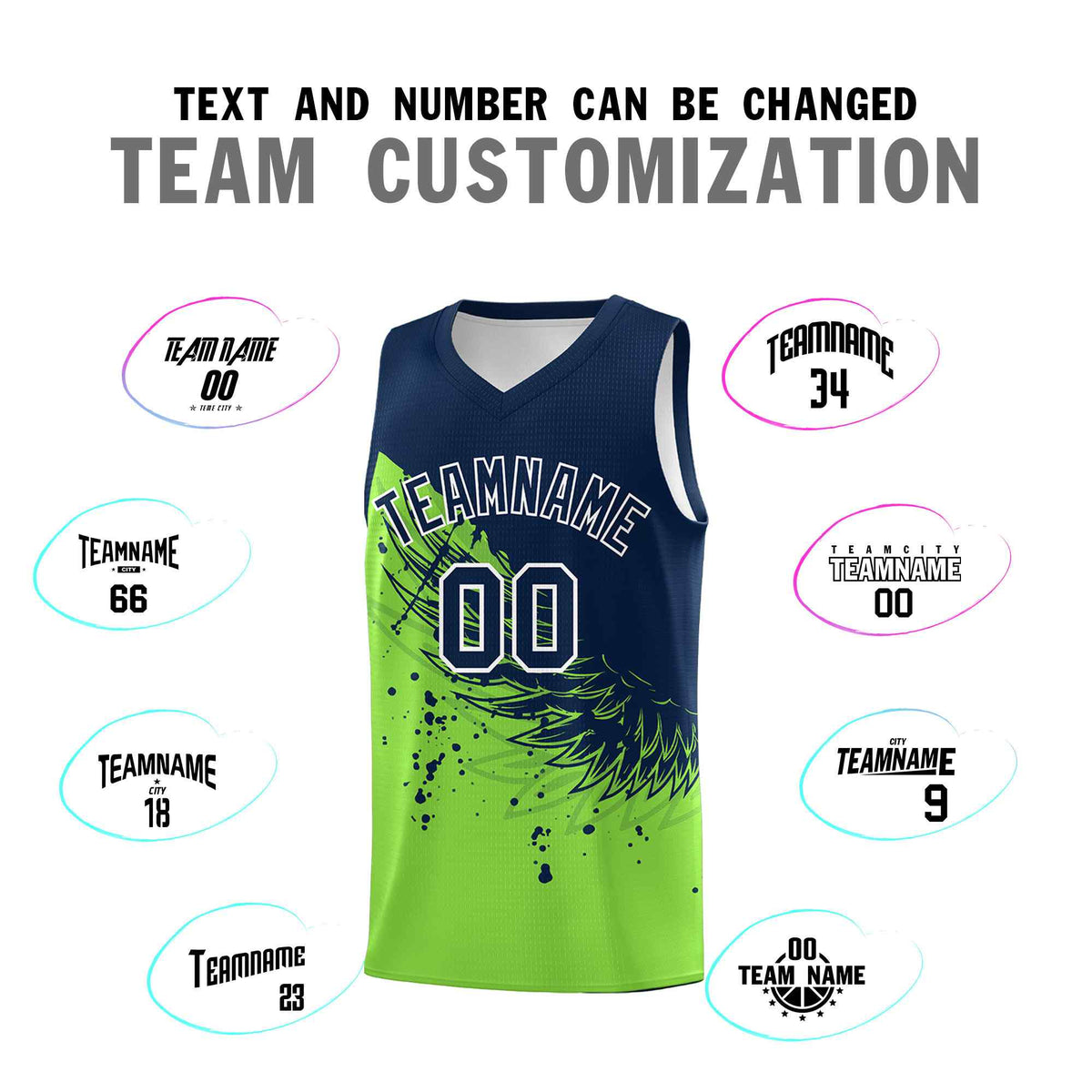 Custom Fluorescent Green Navy Wing Pattern Sports Uniform Basketball Jersey