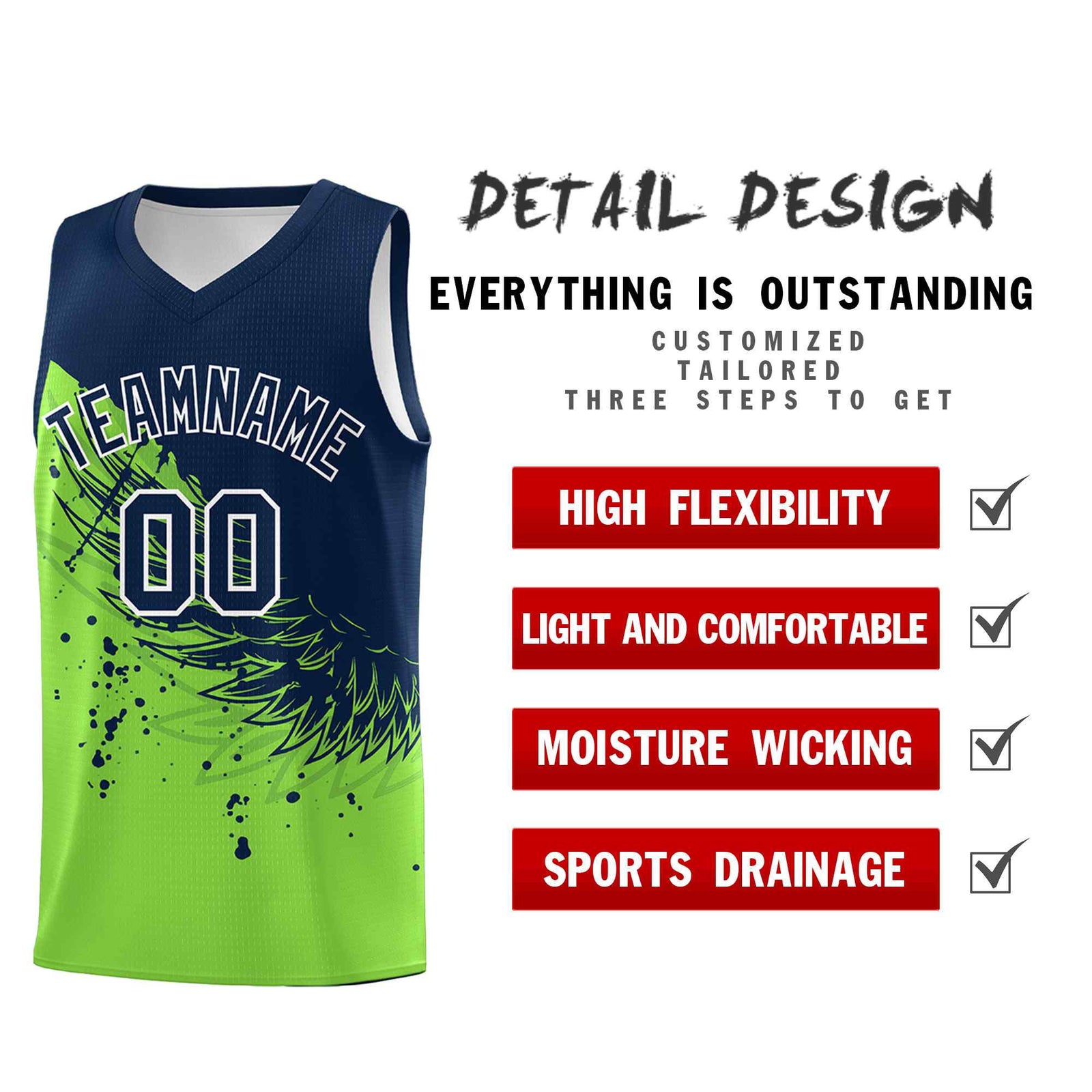Custom Fluorescent Green Navy Wing Pattern Sports Uniform Basketball Jersey