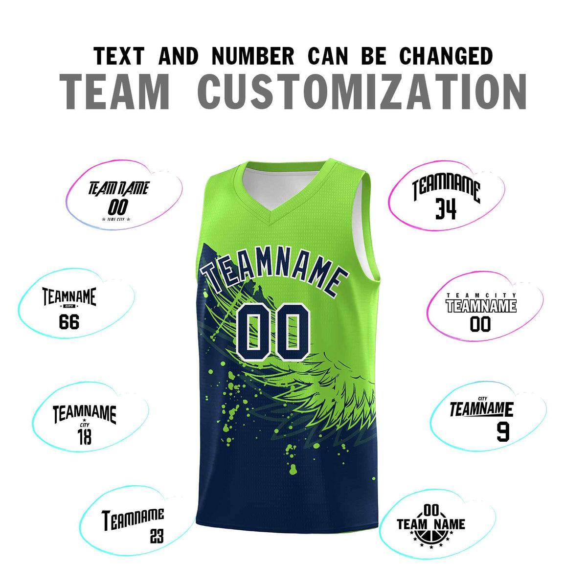 Custom Navy Fluorescent Green Wing Pattern Sports Uniform Basketball Jersey