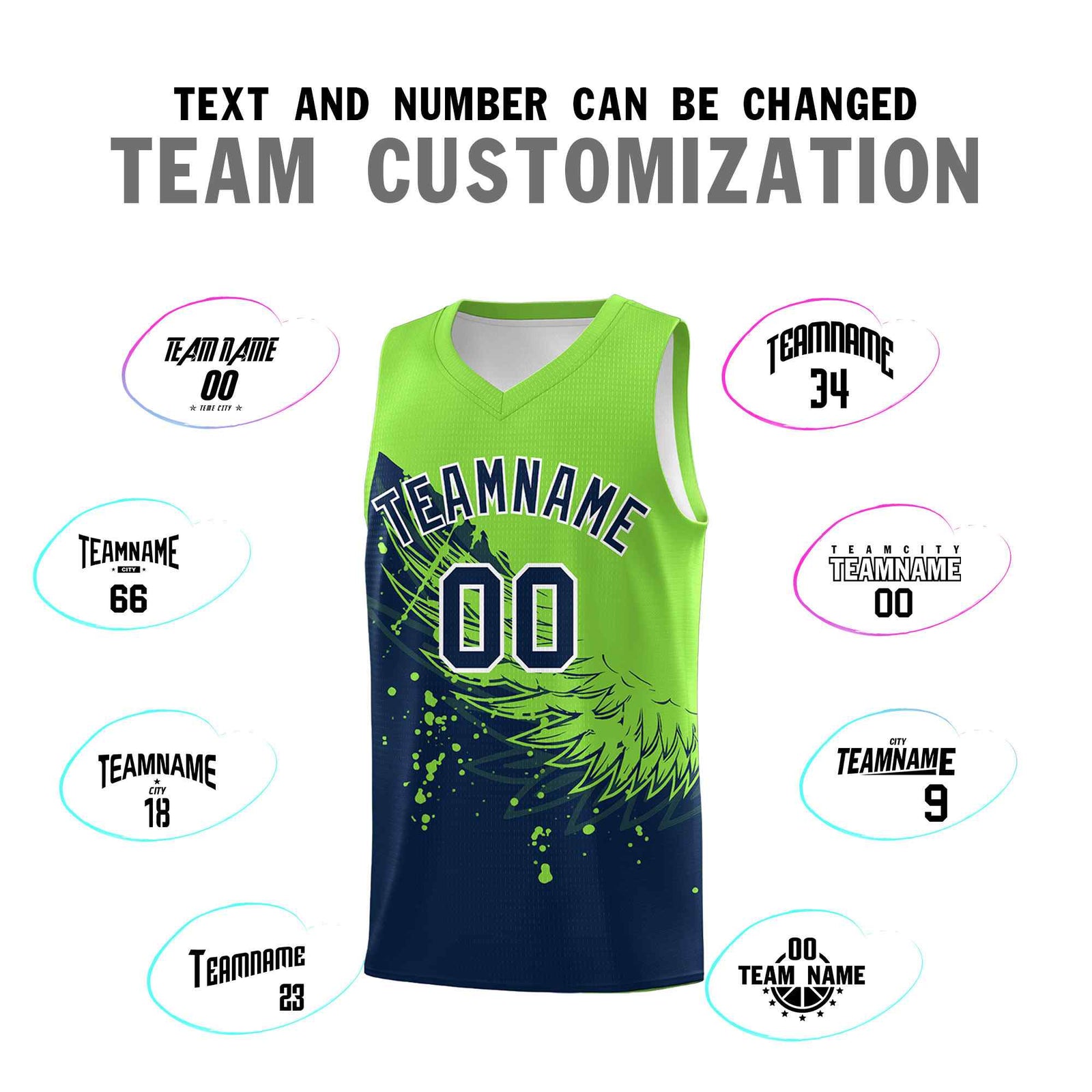 Custom Navy Fluorescent Green Wing Pattern Sports Uniform Basketball Jersey