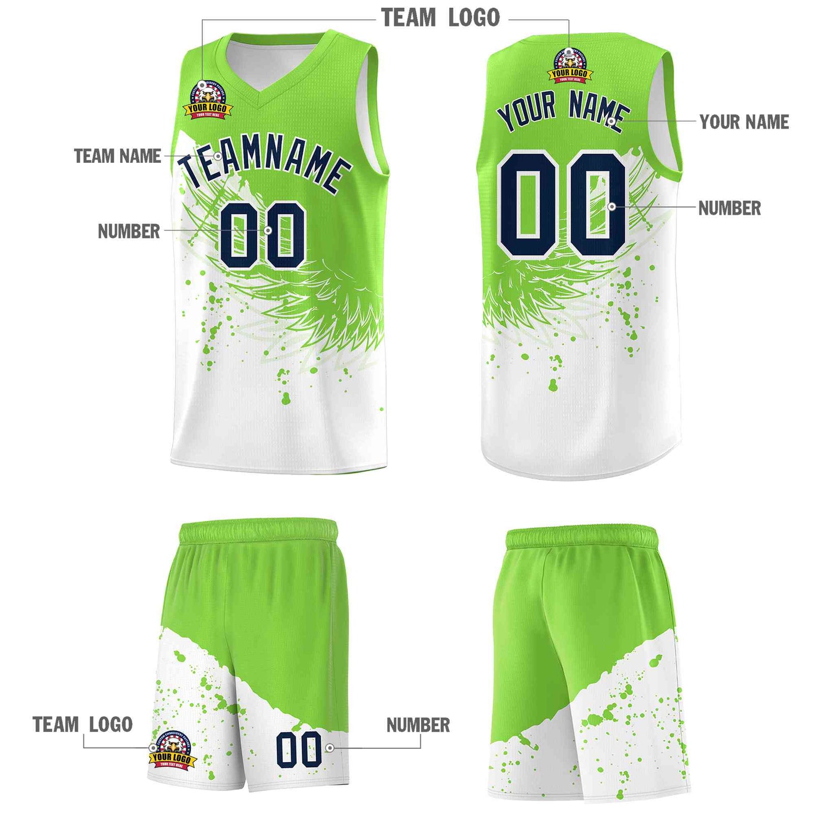 Custom White Fluorescent Green Wing Pattern Sports Uniform Basketball Jersey