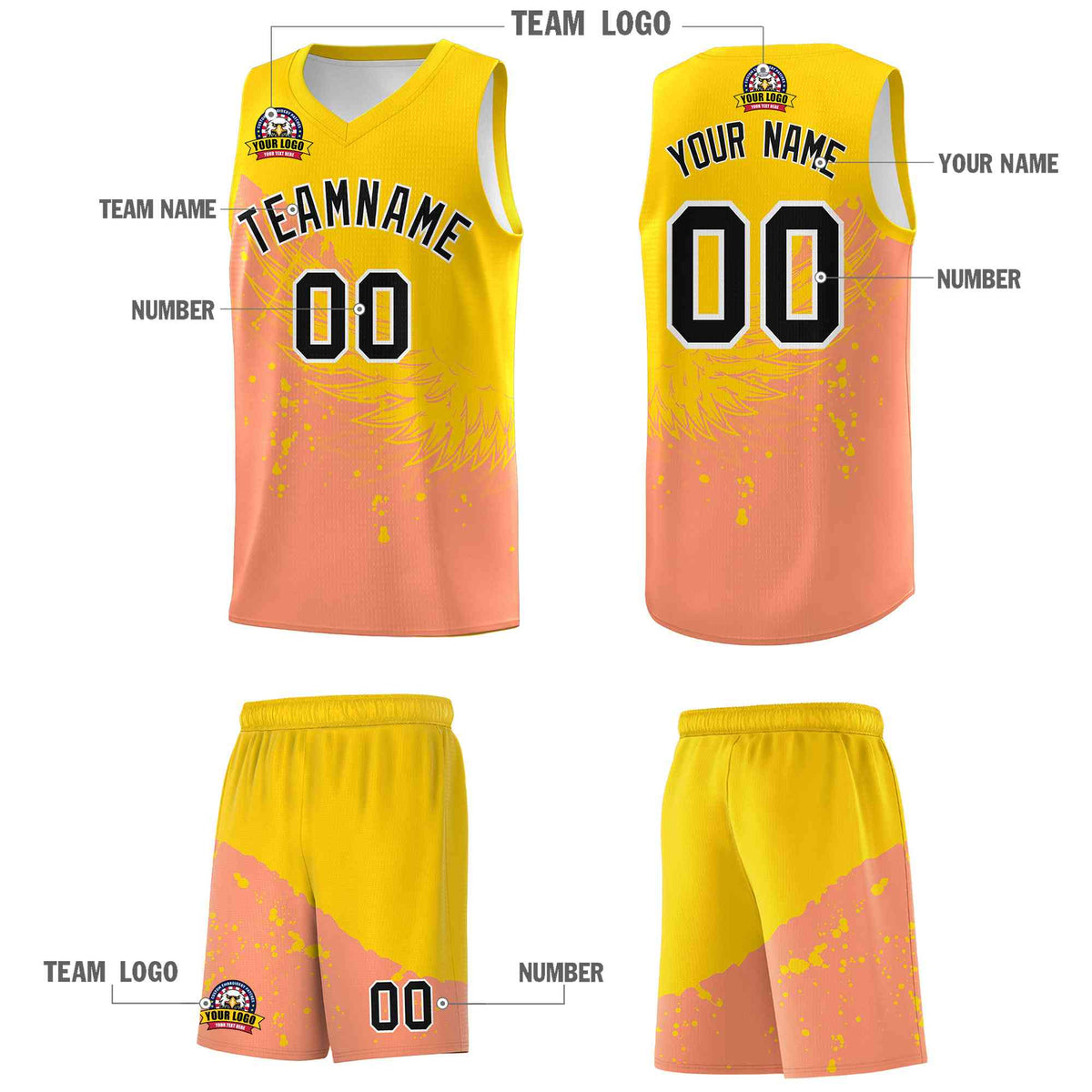 Custom Light Orange Gold Wing Pattern Sports Uniform Basketball Jersey