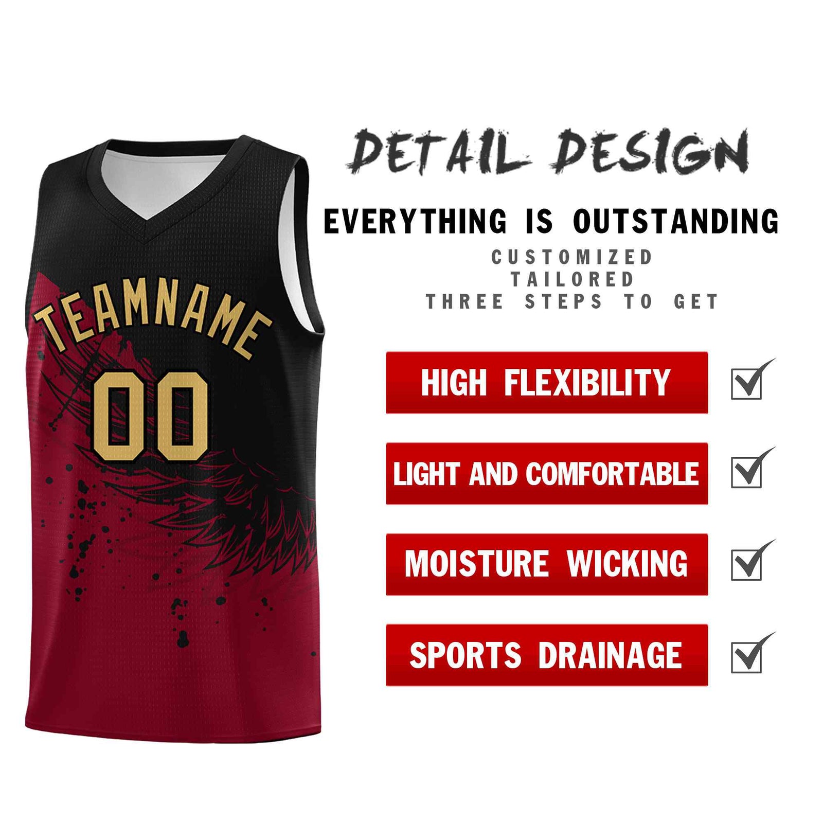 Custom Crimson Black Wing Pattern Sports Uniform Basketball Jersey