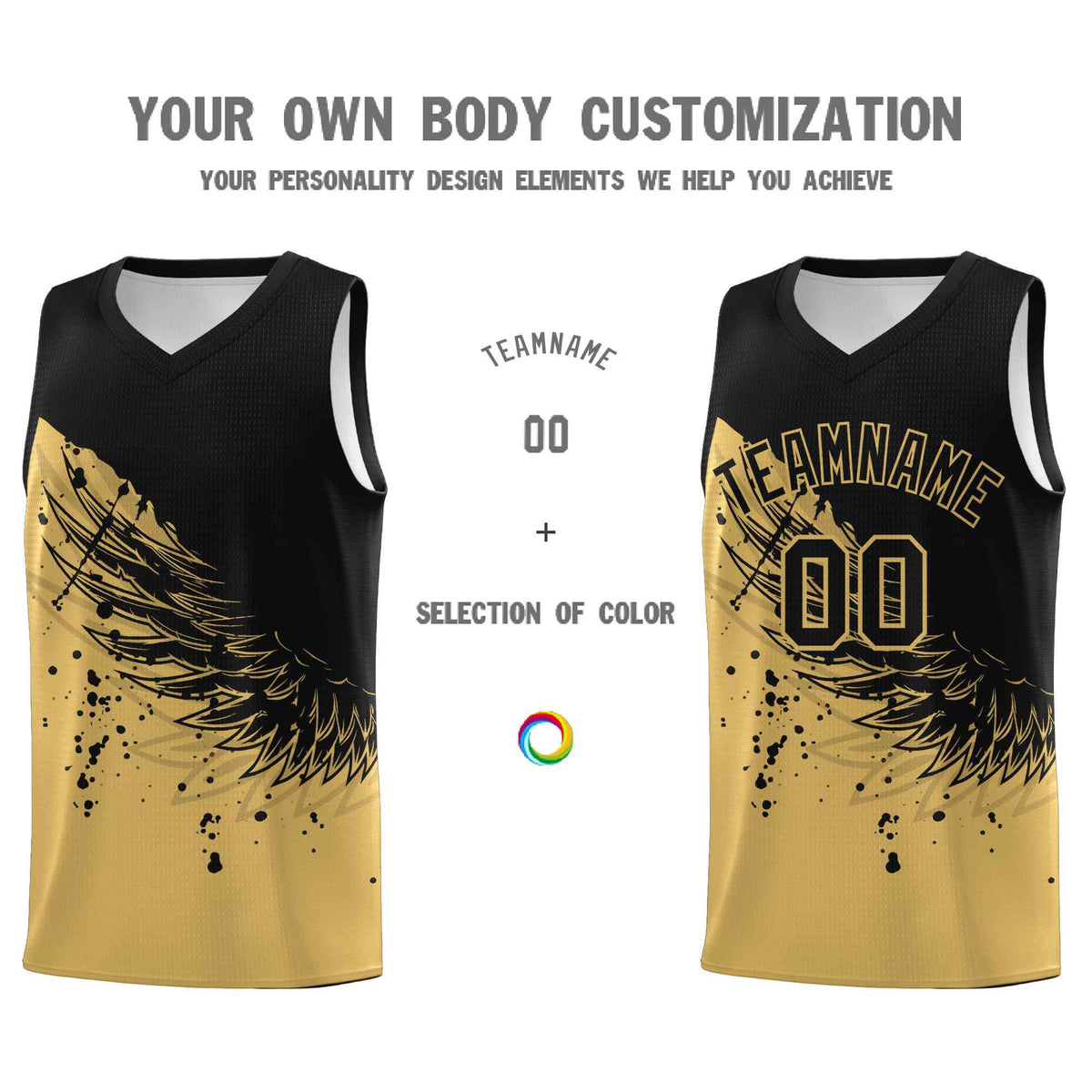 Custom Old Gold Black Wing Pattern Sports Uniform Basketball Jersey