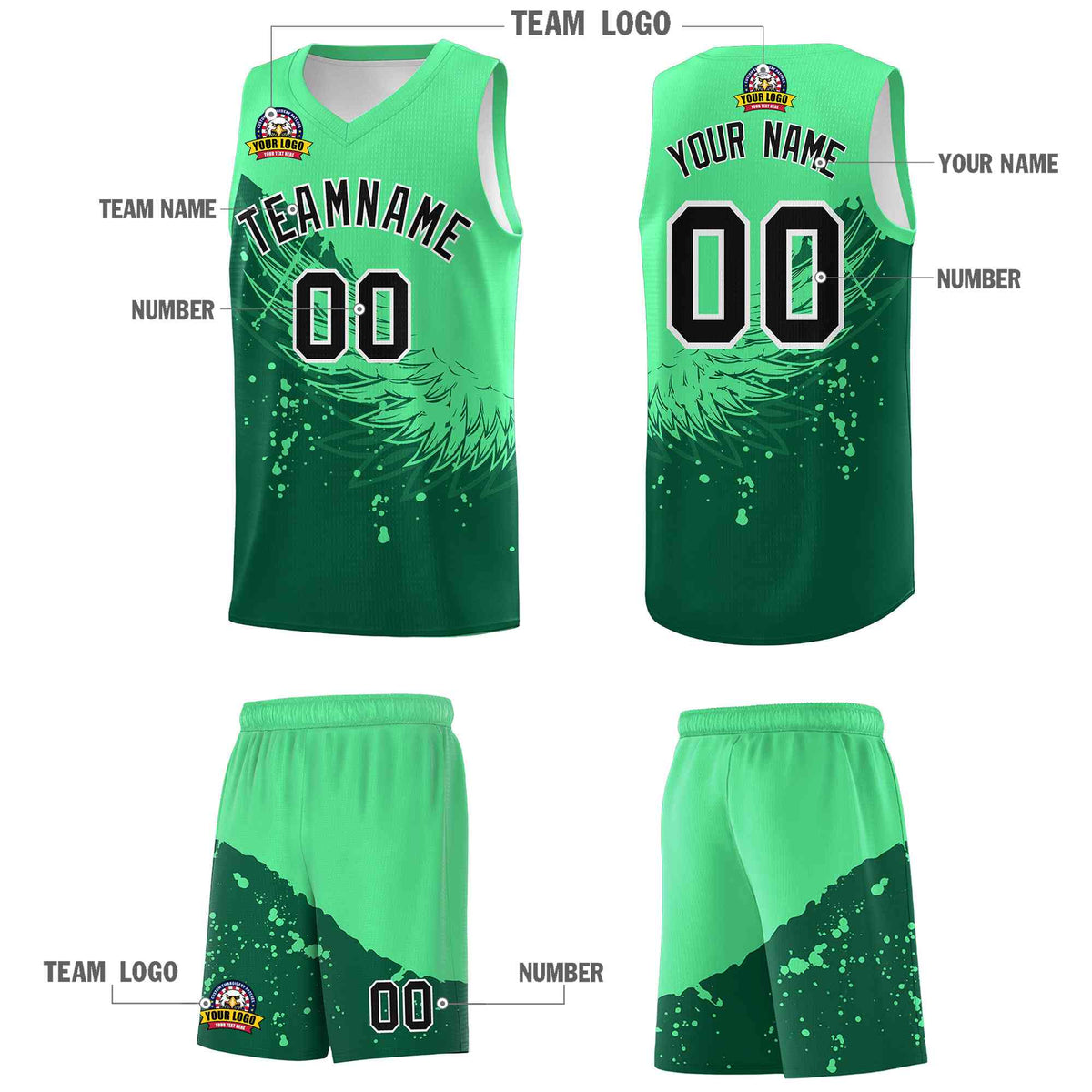 Custom Kelly Green Green Wing Pattern Sports Uniform Basketball Jersey