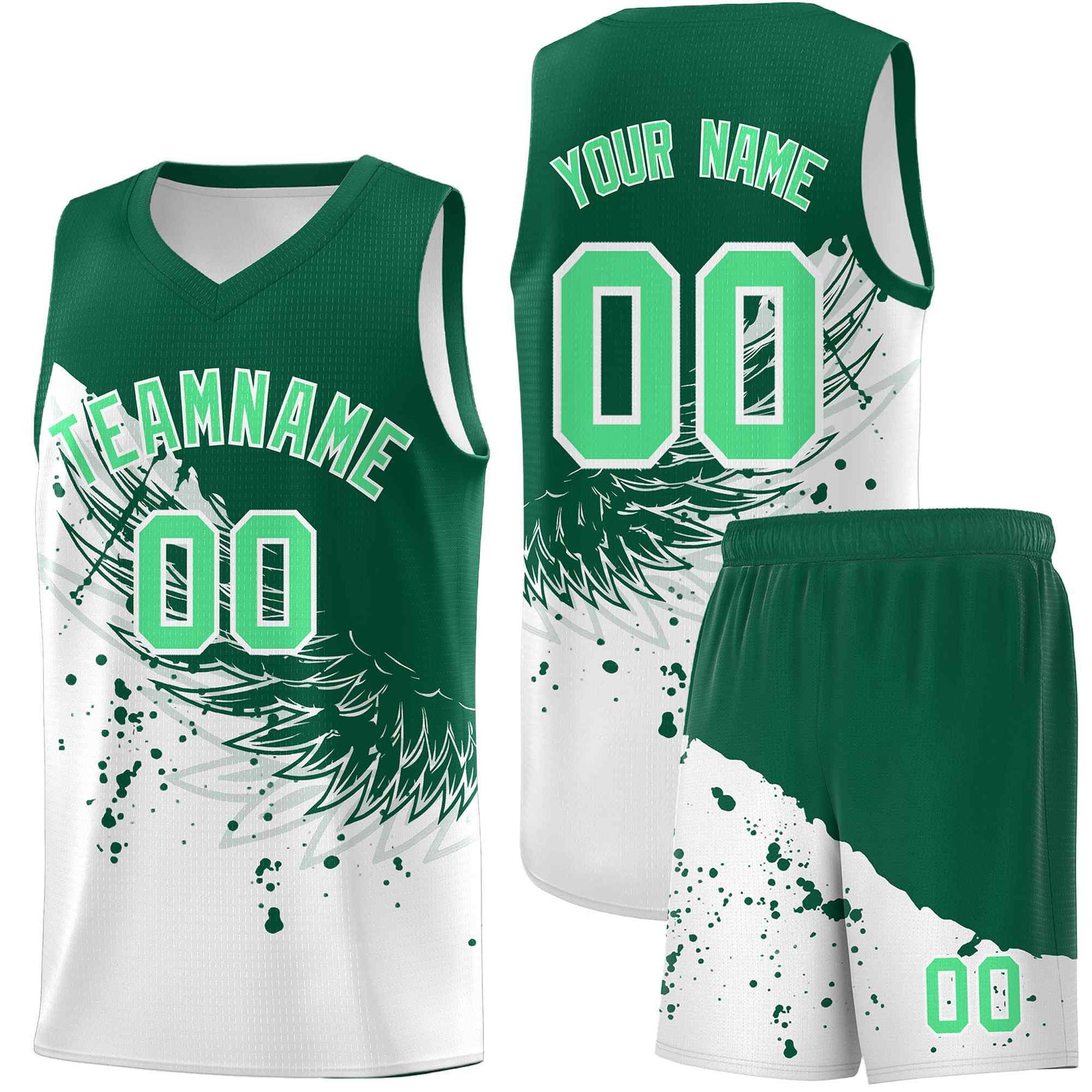Custom White Kelly Green Wing Pattern Sports Uniform Basketball Jersey