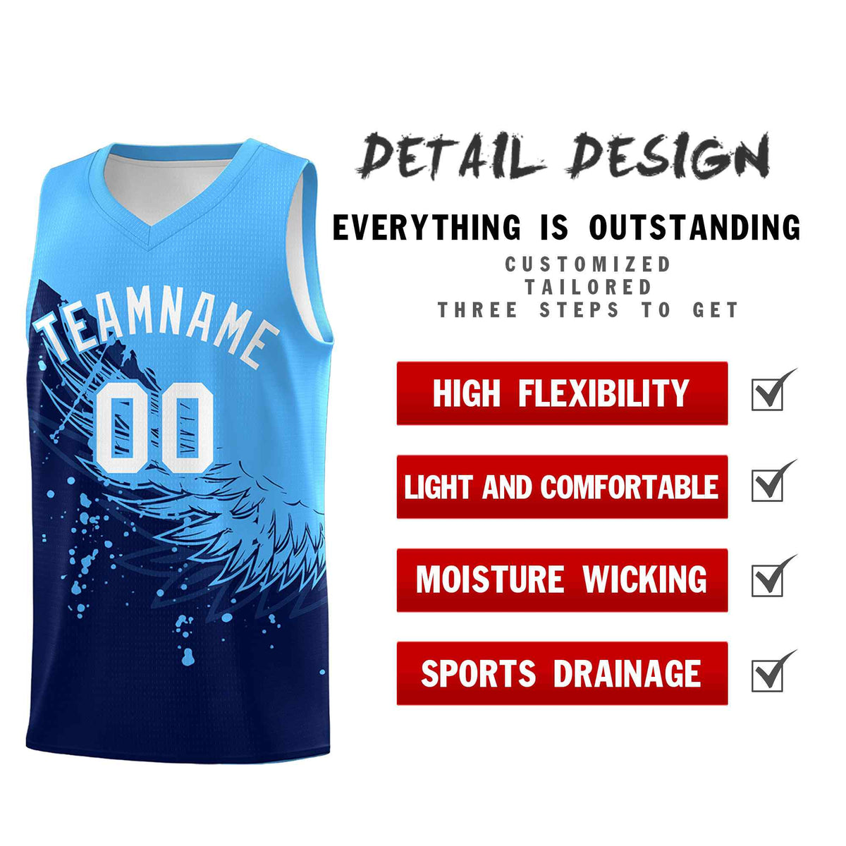 Custom Navy Powder Blue Wing Pattern Sports Uniform Basketball Jersey