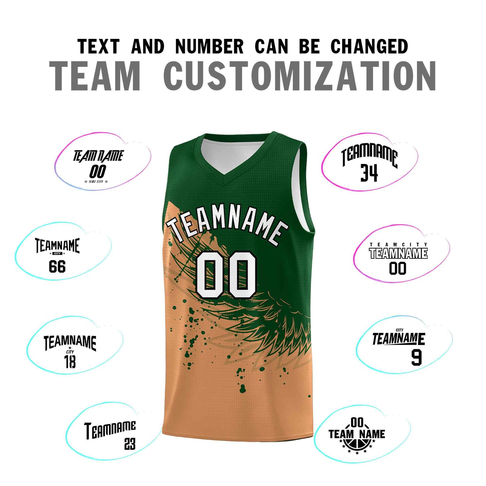 Custom Buckskin Brown Green Wing Pattern Sports Uniform Basketball Jersey