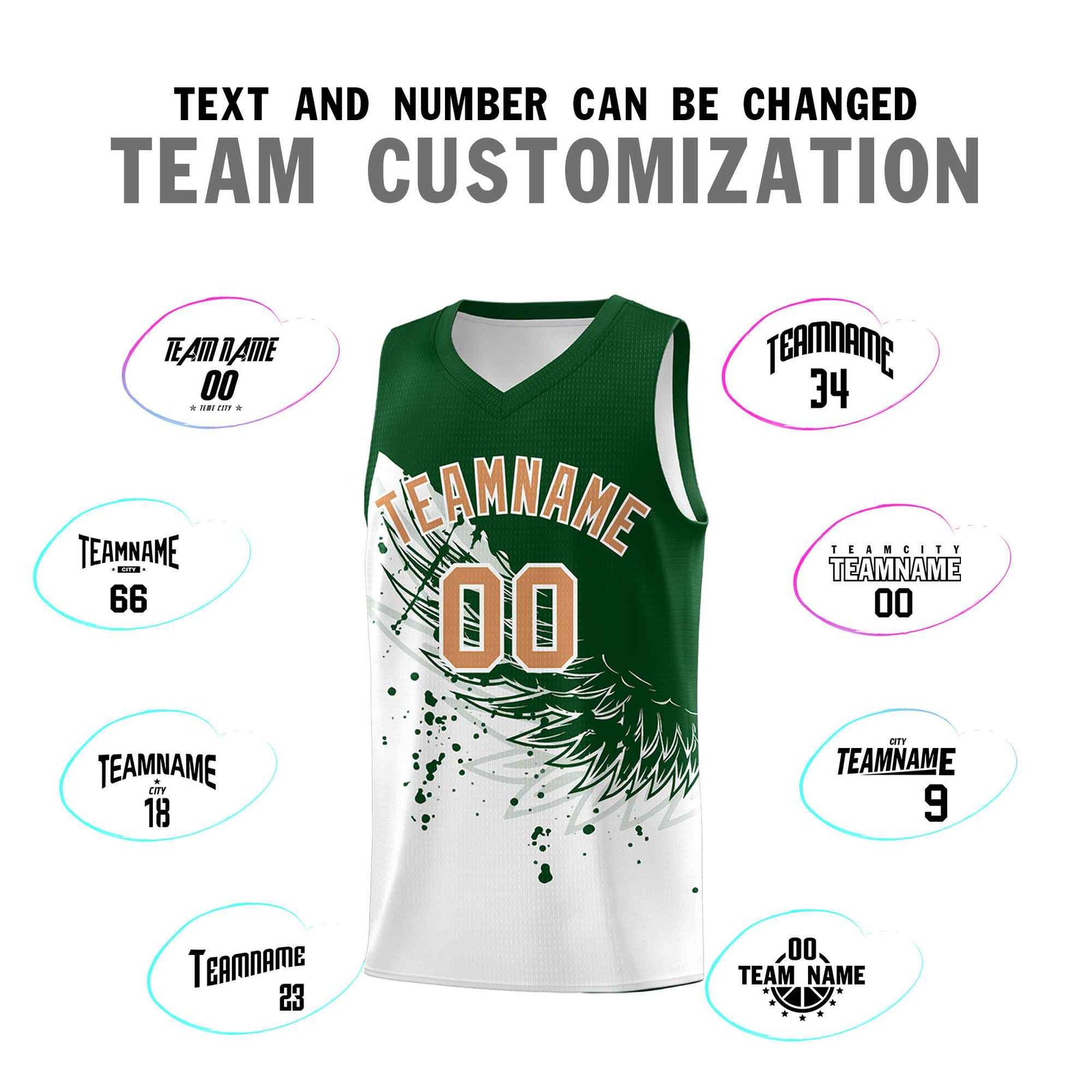 Custom White Green Wing Pattern Sports Uniform Basketball Jersey