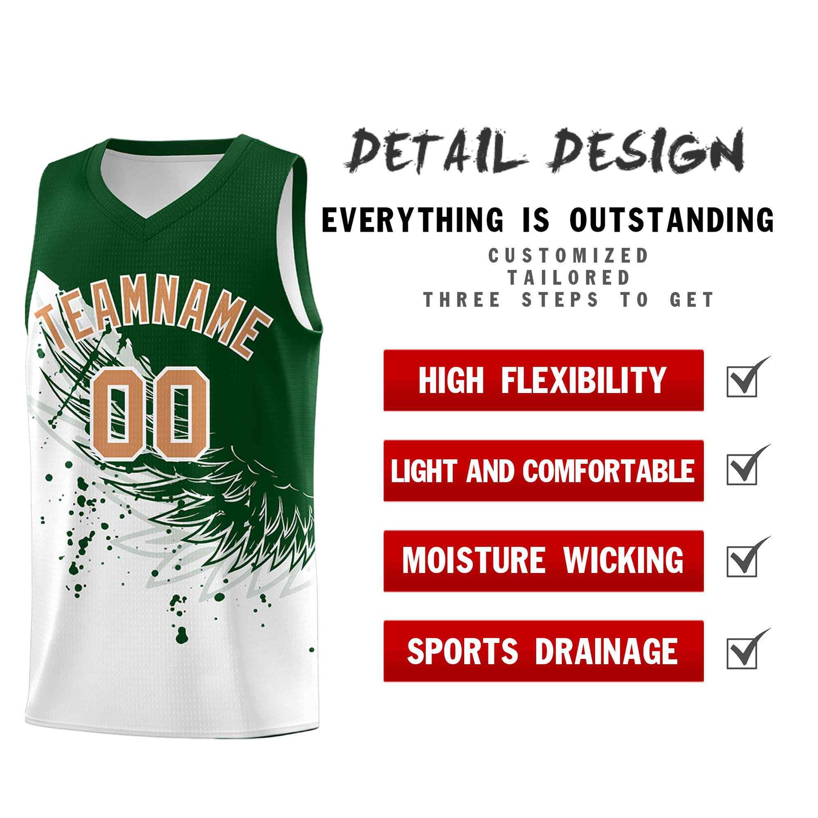 Custom White Green Wing Pattern Sports Uniform Basketball Jersey
