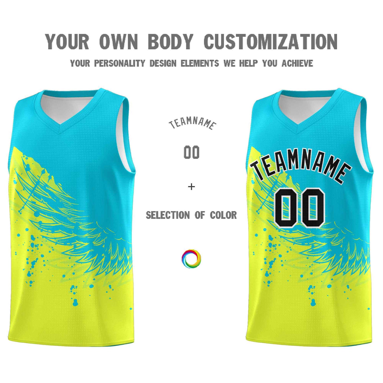 Custom Fluorescent Green Sky Blue Wing Pattern Sports Uniform Basketball Jersey
