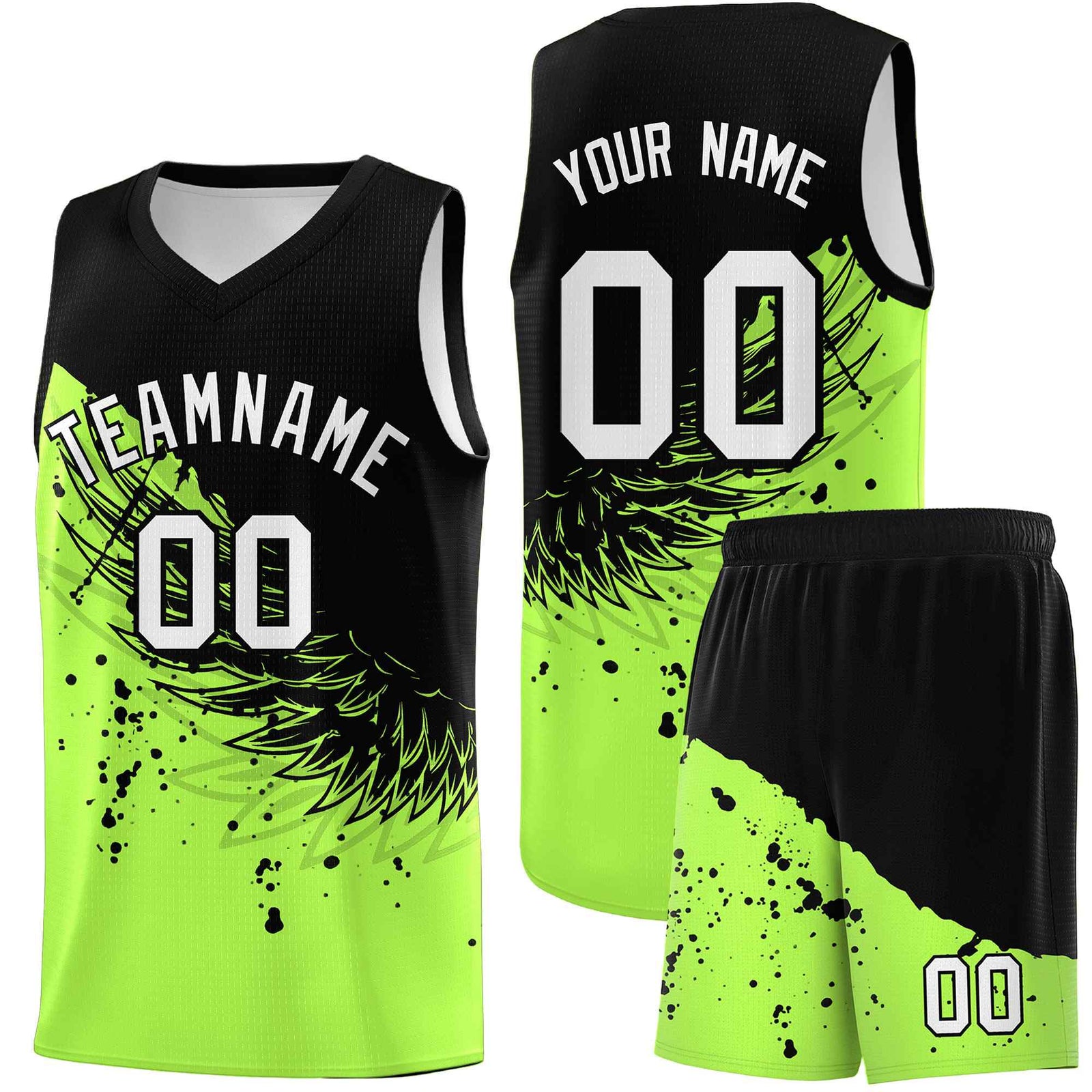 Custom Fluorescent Green Black Wing Pattern Sports Uniform Basketball Jersey