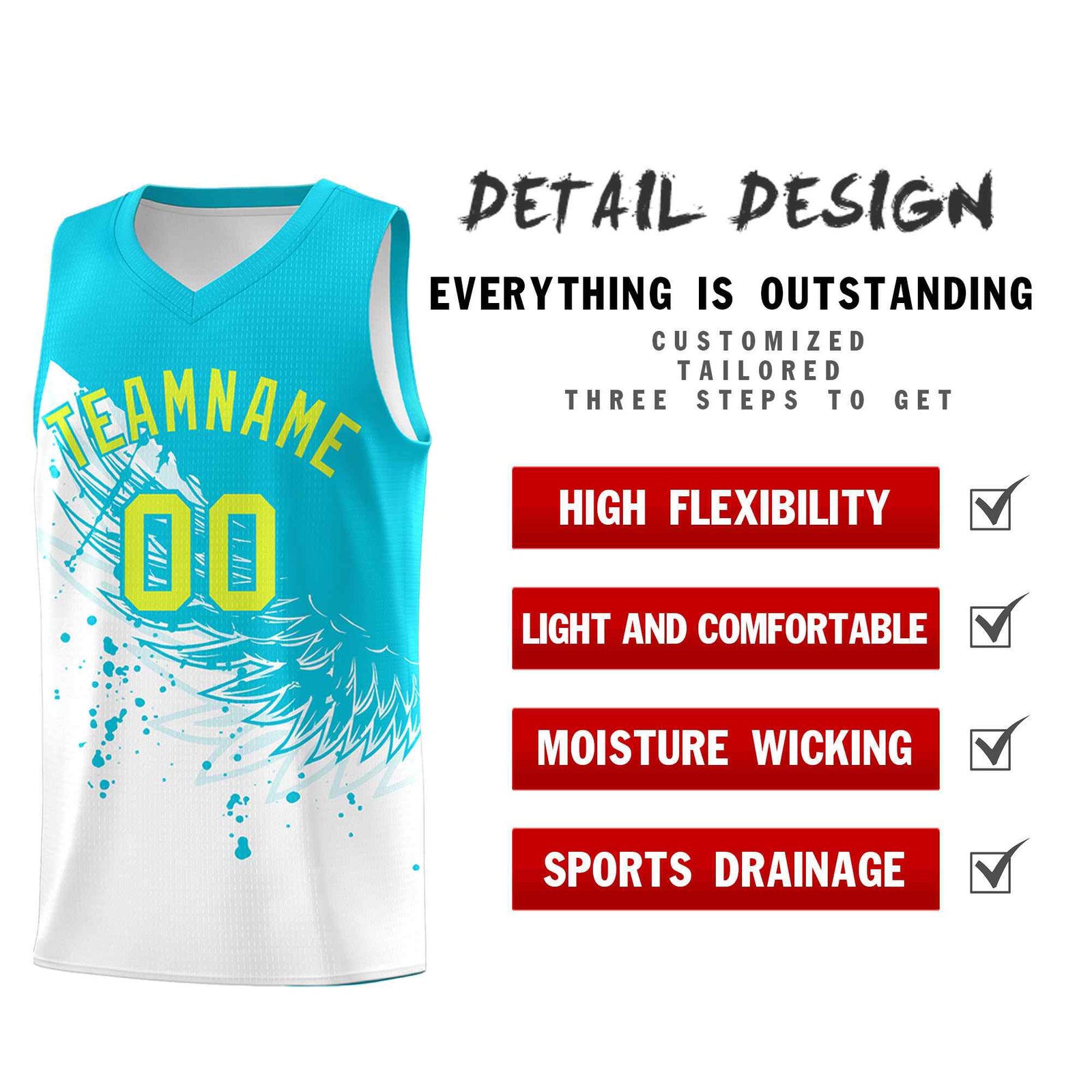 Custom White Sky Blue Wing Pattern Sports Uniform Basketball Jersey