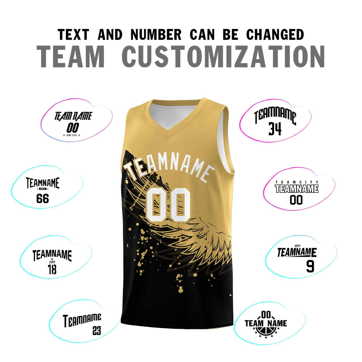 Custom Black Old Gold Wing Pattern Sports Uniform Basketball Jersey