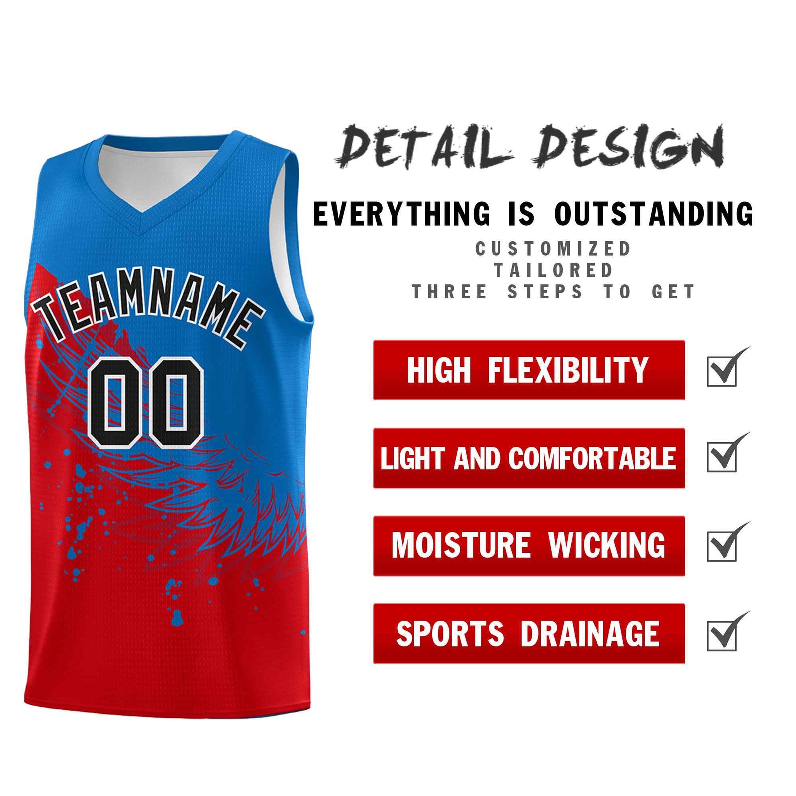Custom Red Royal Wing Pattern Sports Uniform Basketball Jersey
