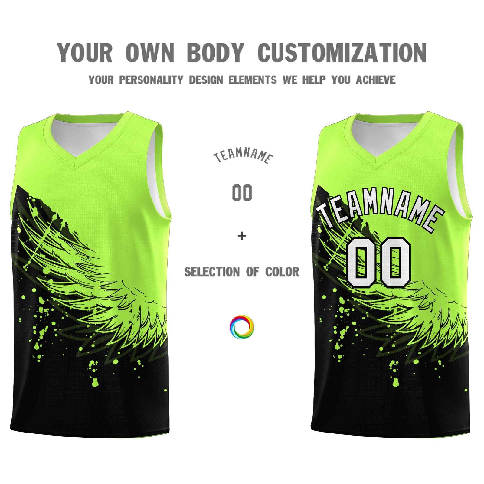 Custom Black Fluorescent Green Wing Pattern Sports Uniform Basketball Jersey
